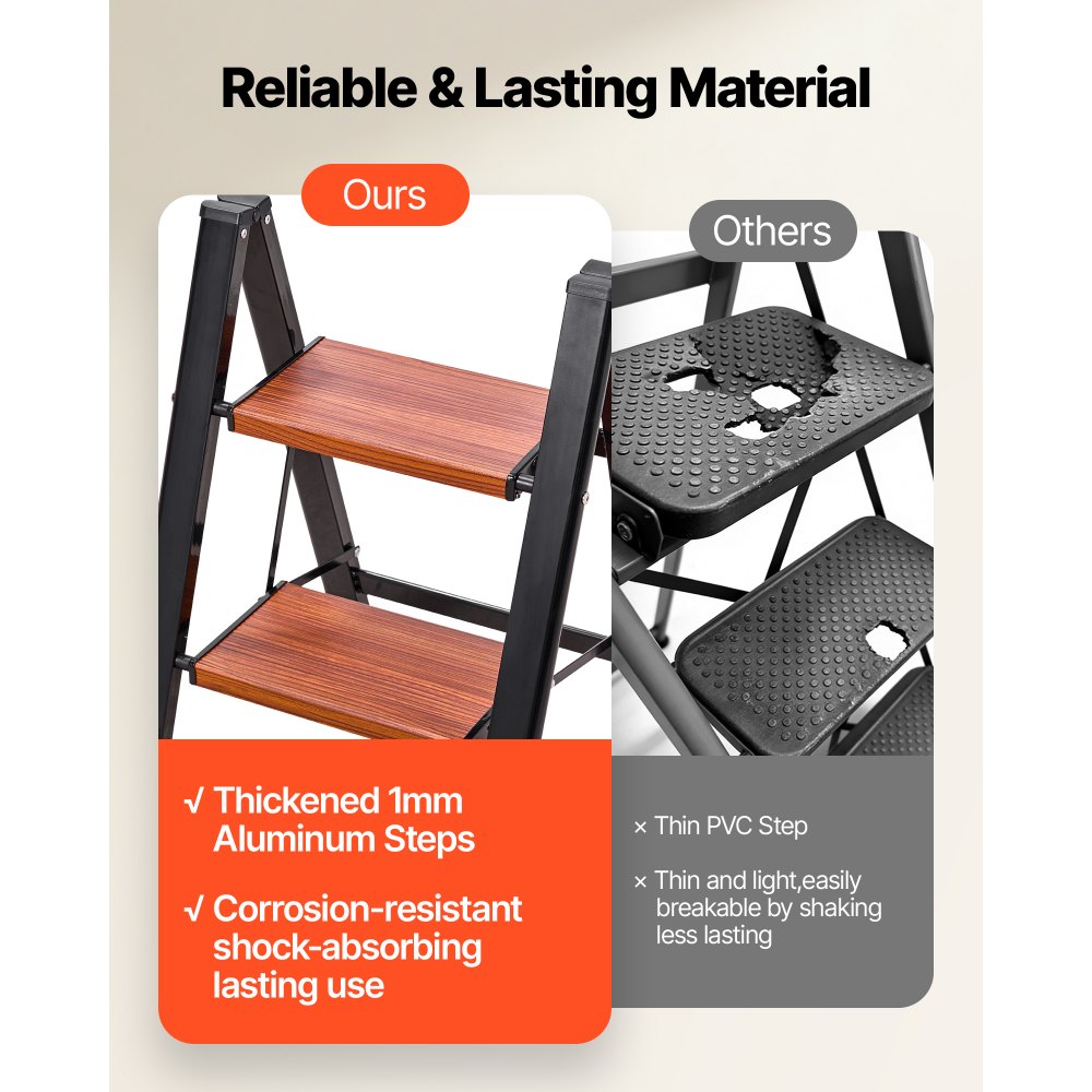 VEVOR 3 Step Ladder, Folding Step Stool with Wide Anti-Slip Pedal and Comfort Handgrip, Lightweight 150 kg Capacity Portable Aluminum Plant Support, Multi-Use for Adults, Home Repairing, Cleaning