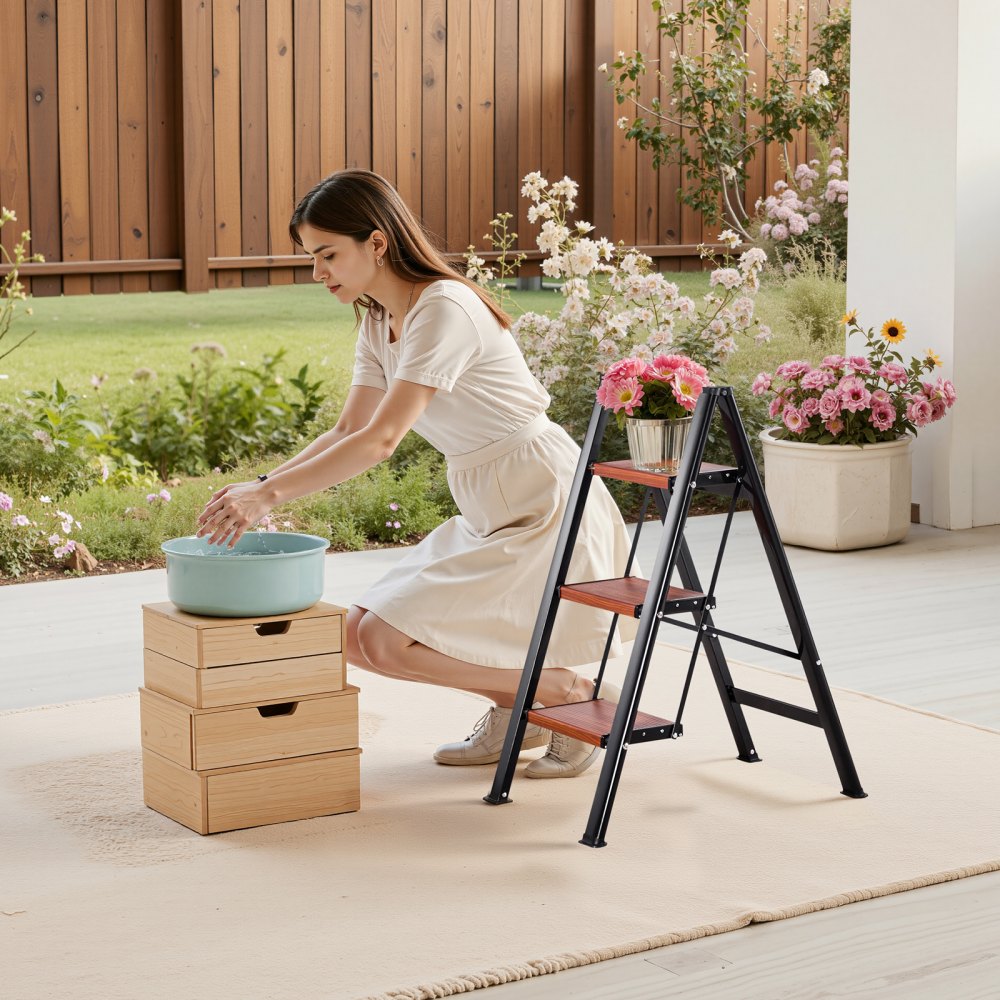 VEVOR 3 Step Ladder, Folding Step Stool with Wide Anti-Slip Pedal and Comfort Handgrip, Lightweight 150 kg Capacity Portable Aluminum Plant Support, Multi-Use for Adults, Home Repairing, Cleaning