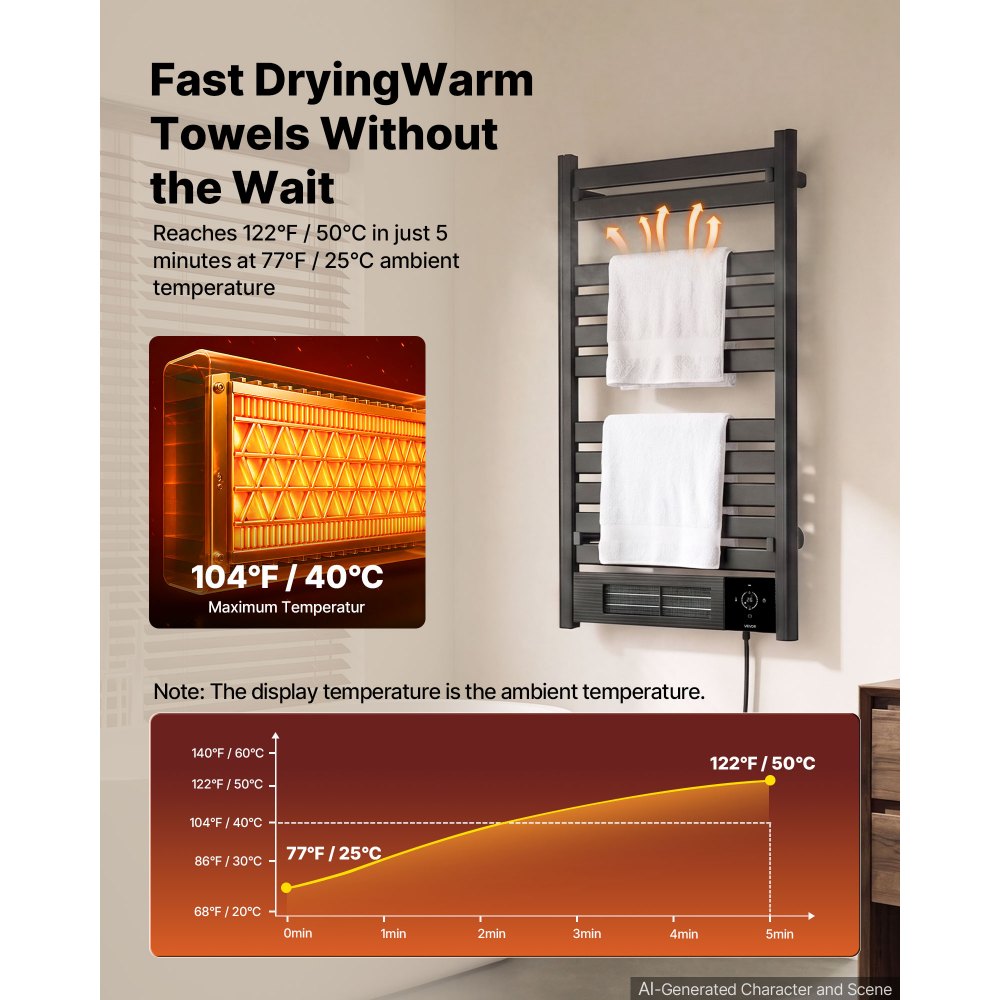 VEVOR Heated Towel Warmer Rack for Bathroom Electric Wall Mounted 11 Bars, Aluminum Alloy Towel Warmer, Remote Control & APP, with Touch Screen, 0-24 Hour Timer, 5 to 40°C Adjustable, IPX4 Waterproof