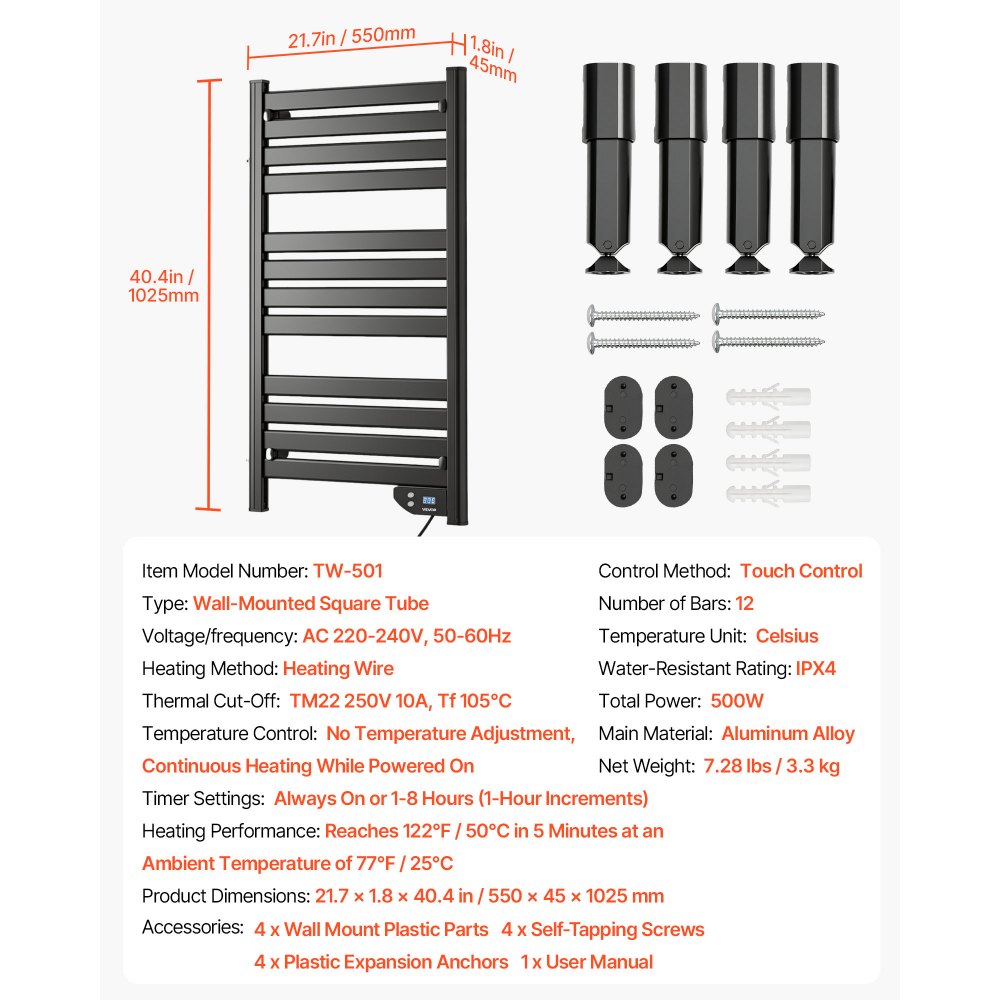 VEVOR Heated Towel Warmer Rack for Bathroom Electric Wall Mounted 12 Bars, Aluminum Alloy Towel Warmer, Overheat Protection, Heating Drying with Touch Screen, Built-In 1-8 Hour Timer, IPX4 Waterproof