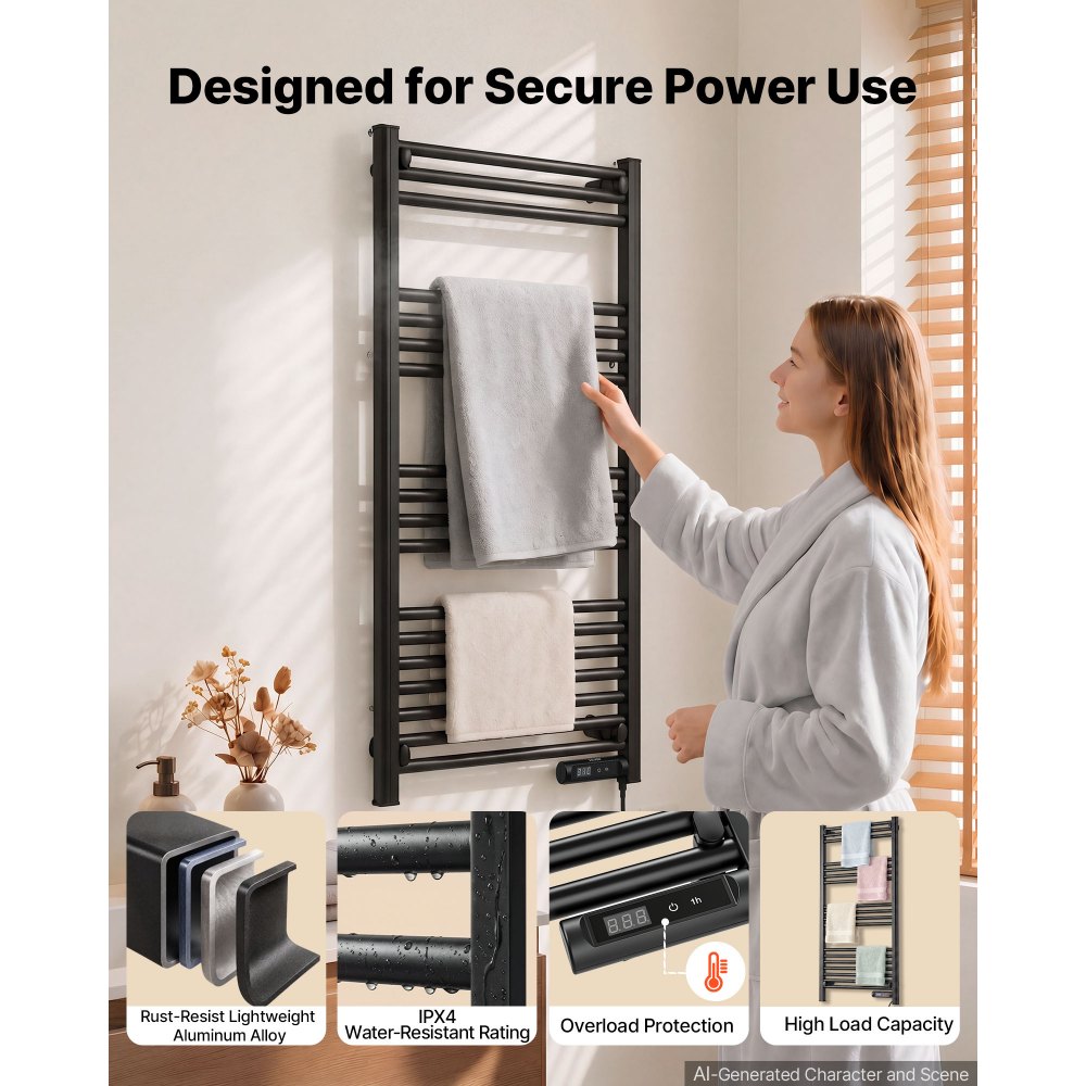 VEVOR Heated Towel Warmer Rack for Bathroom Electric Wall Mounted 18 Bars, Aluminum Alloy Towel Warmer, Overheat Protection, Heating Drying with Touch Screen, Built-In 1-8 Hour Timer, IPX4 Waterproof