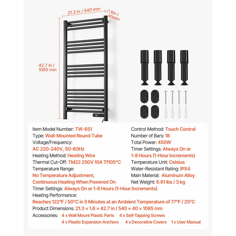 VEVOR Heated Towel Warmer Rack for Bathroom Electric Wall Mounted 18 Bars, Aluminum Alloy Towel Warmer, Overheat Protection, Heating Drying with Touch Screen, Built-In 1-8 Hour Timer, IPX4 Waterproof