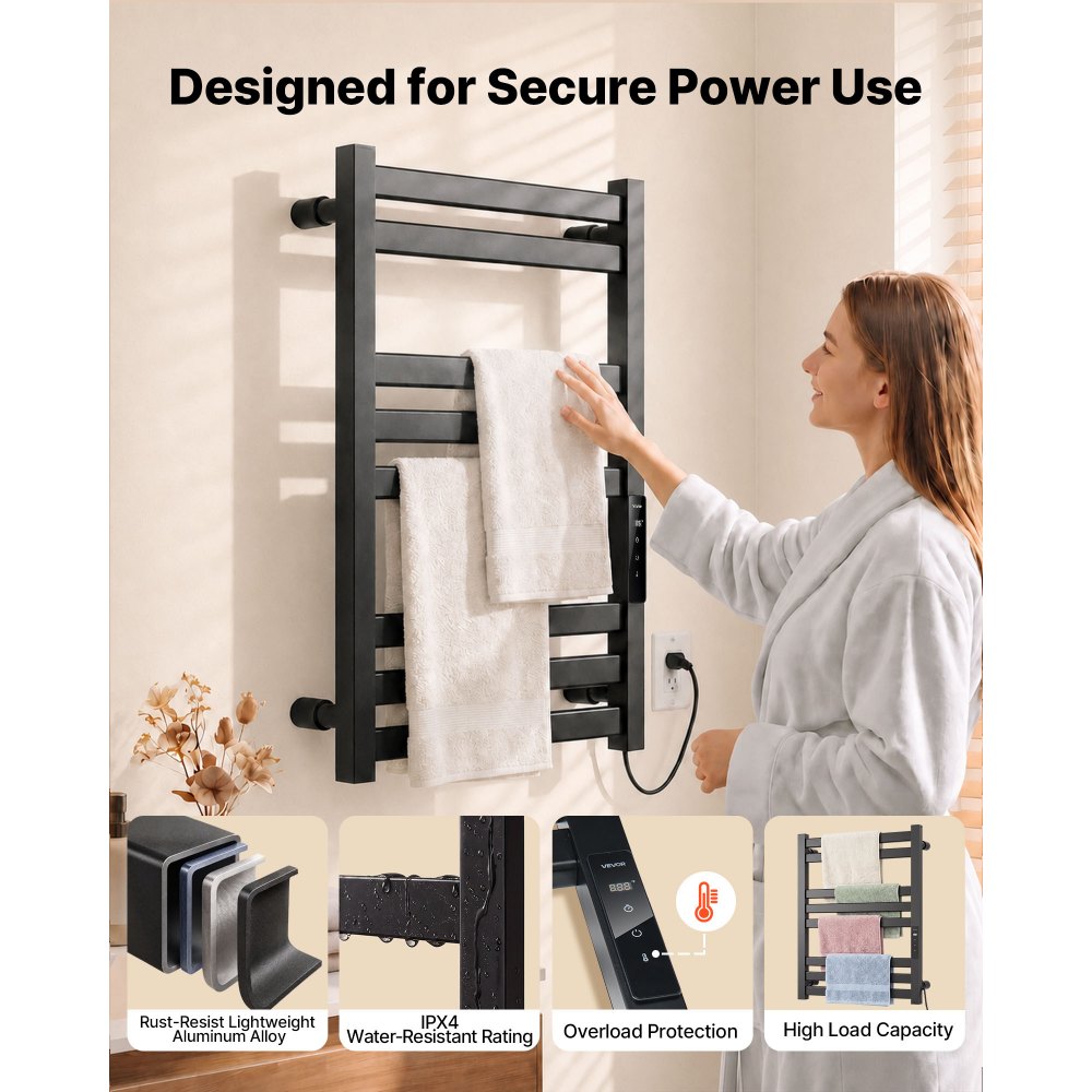 VEVOR Heated Towel Warmer Rack for Bathroom Electric Wall Mounted 8 Bars, Aluminum Alloy Towel Warmer, Overheat Protection, with Touch Screen, 1-24H Timer, 32 to 131°F Adjustable, IPX4 Waterproof