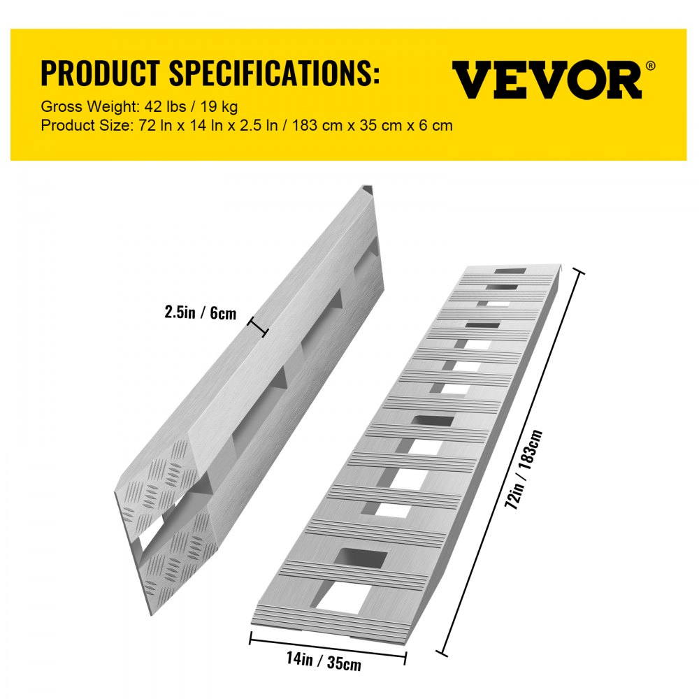 VEVOR 183 x 36 cm Aluminum Ramps 6000Lbs Car Trailer Truck Hook End 1 Pair Ramps