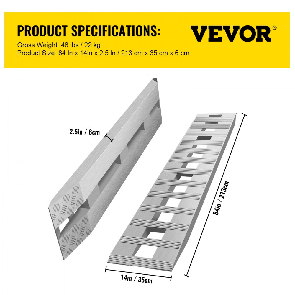 VEVOR 213.4 cm x 35.6 cm Aluminum Loading Ramps 2721.6 kg Car Trailer Truck Hook End 1 Pair