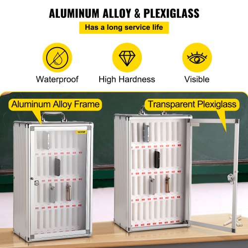 VEVOR 36 Slots Cell Phone Cabinet Silver Aluminum Alloy Pocket Chart Storage Locker Box w/Portable Handle, Key Lock & Handwritten Tags, Wall Mounted for Classroom, Office, Gym