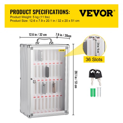VEVOR 36 Slots Cell Phone Cabinet Silver Aluminum Alloy Pocket Chart Storage Locker Box w/Portable Handle, Key Lock & Handwritten Tags, Wall Mounted for Classroom, Office, Gym
