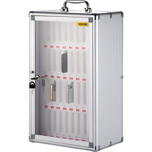 VEVOR 36 Slots Cell Phone Cabinet Silver Aluminum Alloy Pocket Chart Storage Locker Box w/Portable Handle, Key Lock & Handwritten Tags, Wall Mounted for Classroom, Office, Gym
