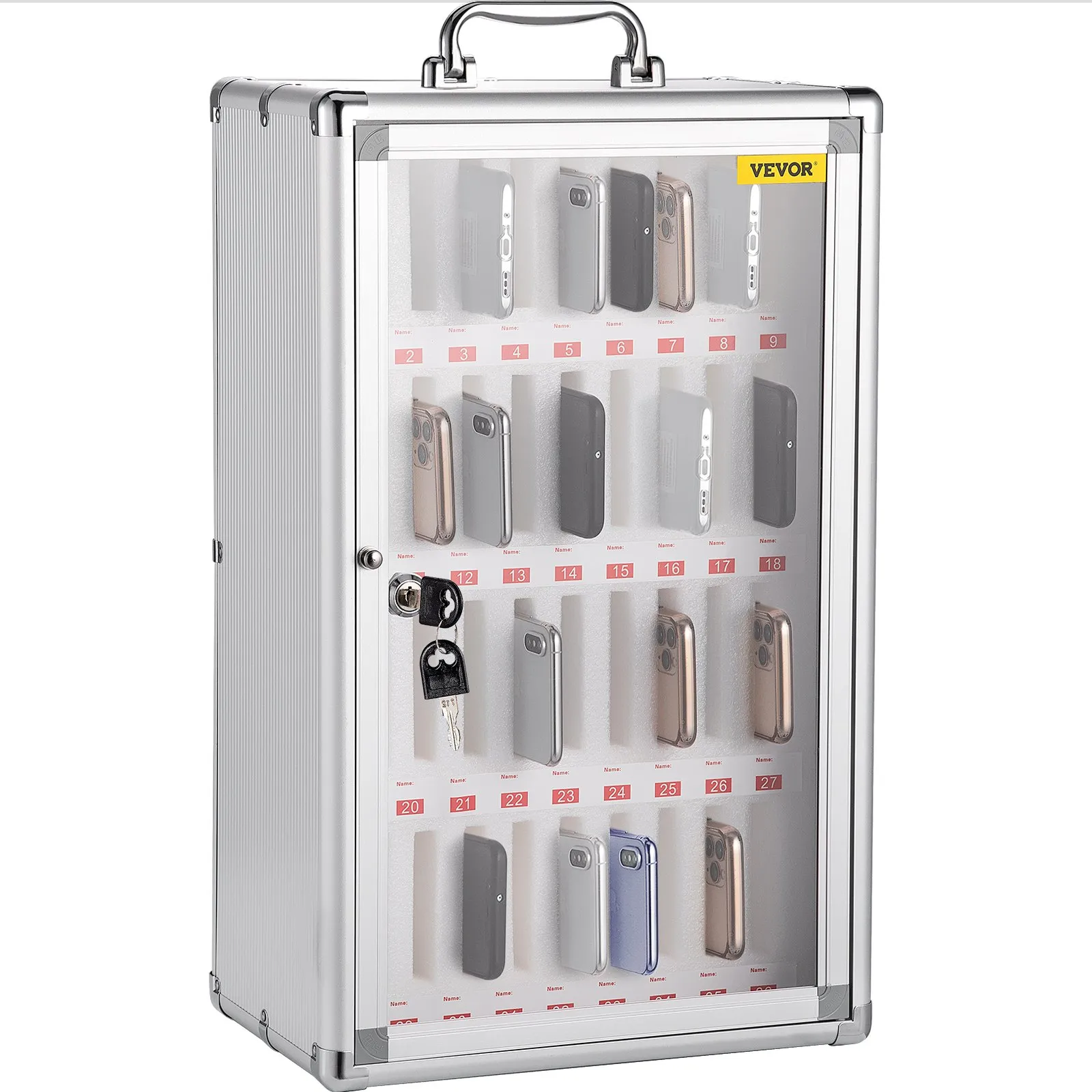 VEVOR 36 Slots Cell Phone Cabinet Silver Aluminum Alloy Pocket Chart Storage Locker Box with Portable Handle, Key Lock & Handwritten Tags, Wall Mounted for Classroom, Office, Gym