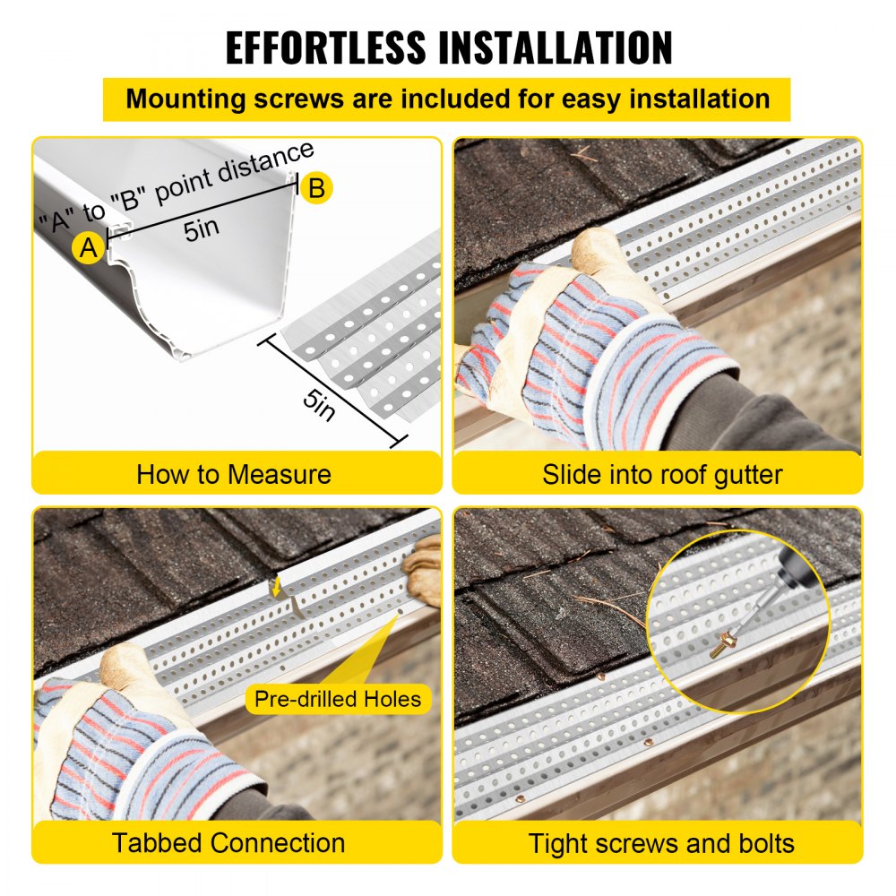 VEVOR Protectores de canalones, 5" x 3' cada sistema de cubiertas de canalones, 18 paquetes de protectores de canalones de hojas de 54 pies, protectores de aluminio con acabado de molino para canalones, cubiertas de canalones de corte de longitud DIY para techos de madera, mental, tejas
