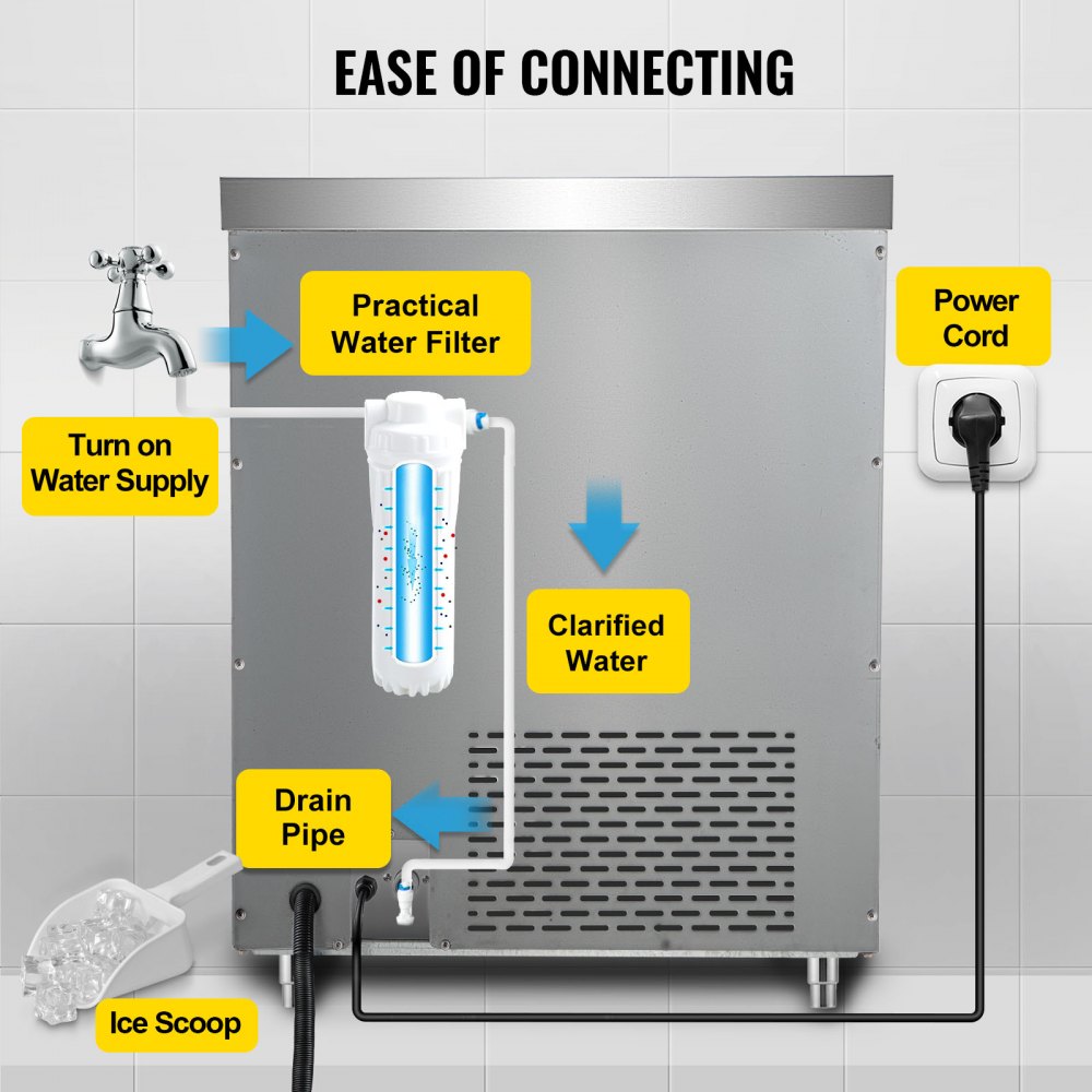 VEVOR 110V Commercial Ice Maker 200LBS/24H, Stainless Steel Under Counter Ice Machine with 100LBS Storage, 80PCS Clear Cube, Auto Operation, Blue Light, Include Water Filter, 2 Scoops, Connection Hose