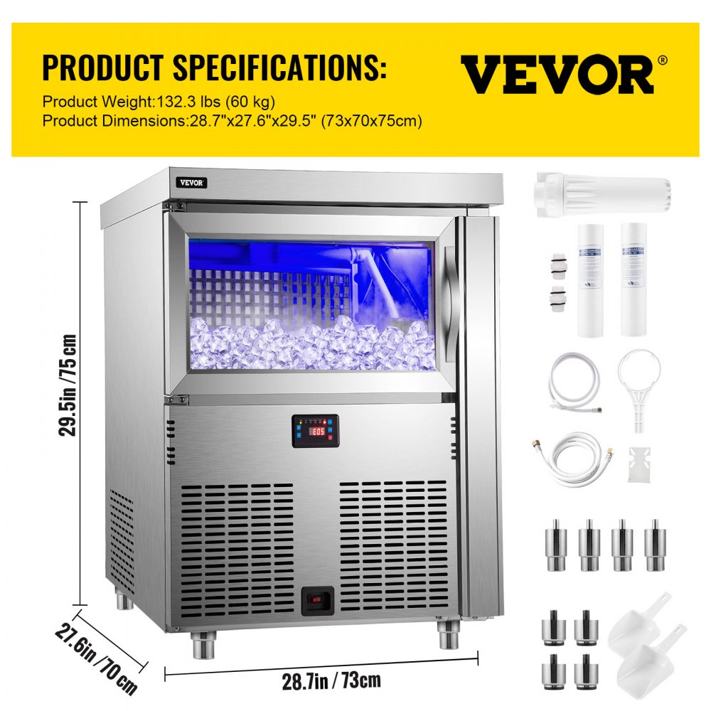 VEVOR 110V Commercial Ice Maker 200LBS/24H, Stainless Steel Under Counter Ice Machine with 100LBS Storage, 80PCS Clear Cube, Auto Operation, Blue Light, Include Water Filter, 2 Scoops, Connection Hose