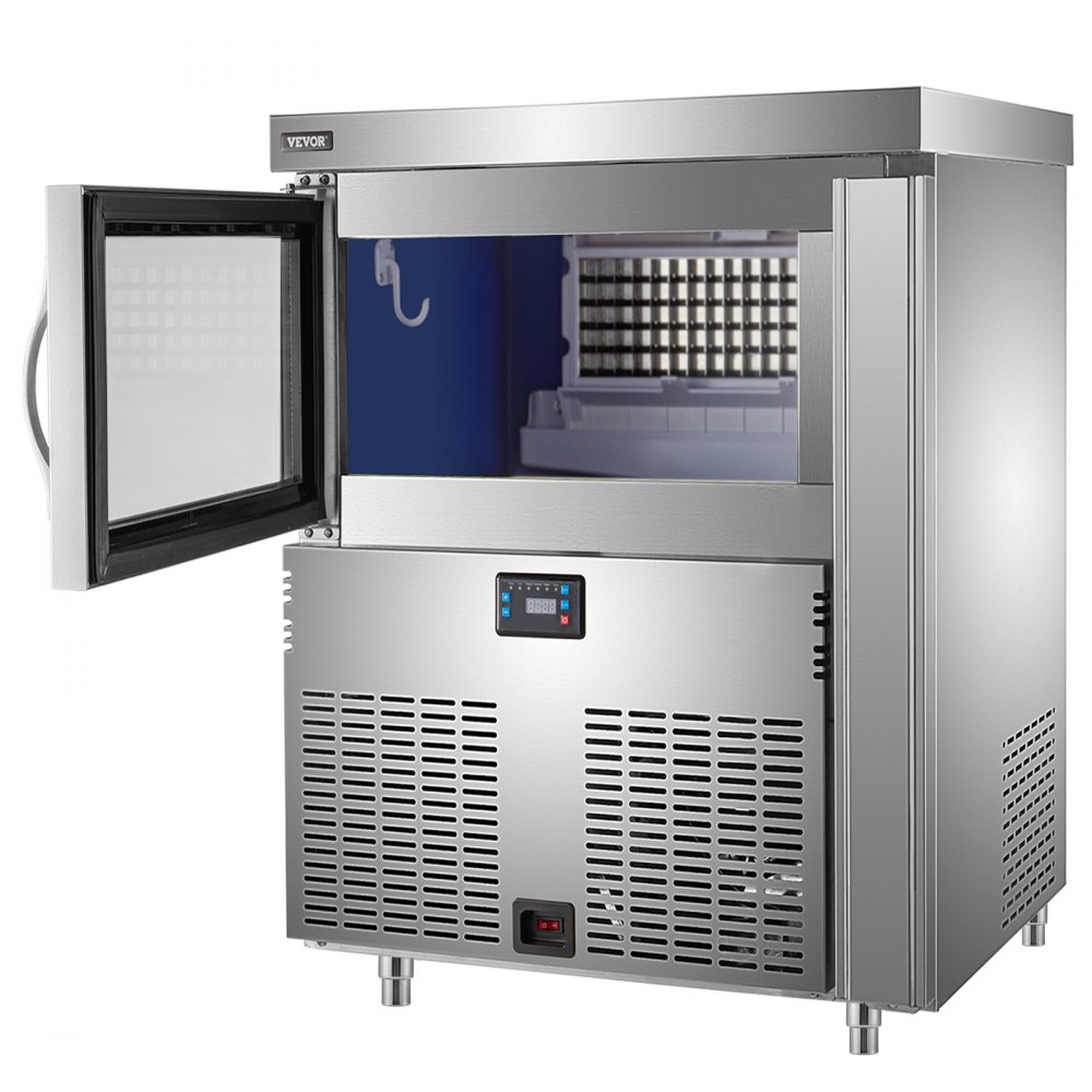 VEVOR 110V Commercial Ice Maker 200LBS/24H, Stainless Steel Under Counter Ice Machine with 100LBS Storage, 80PCS Clear Cube, Auto Operation, Blue Light, Include Water Filter, 2 Scoops, Connection Hose