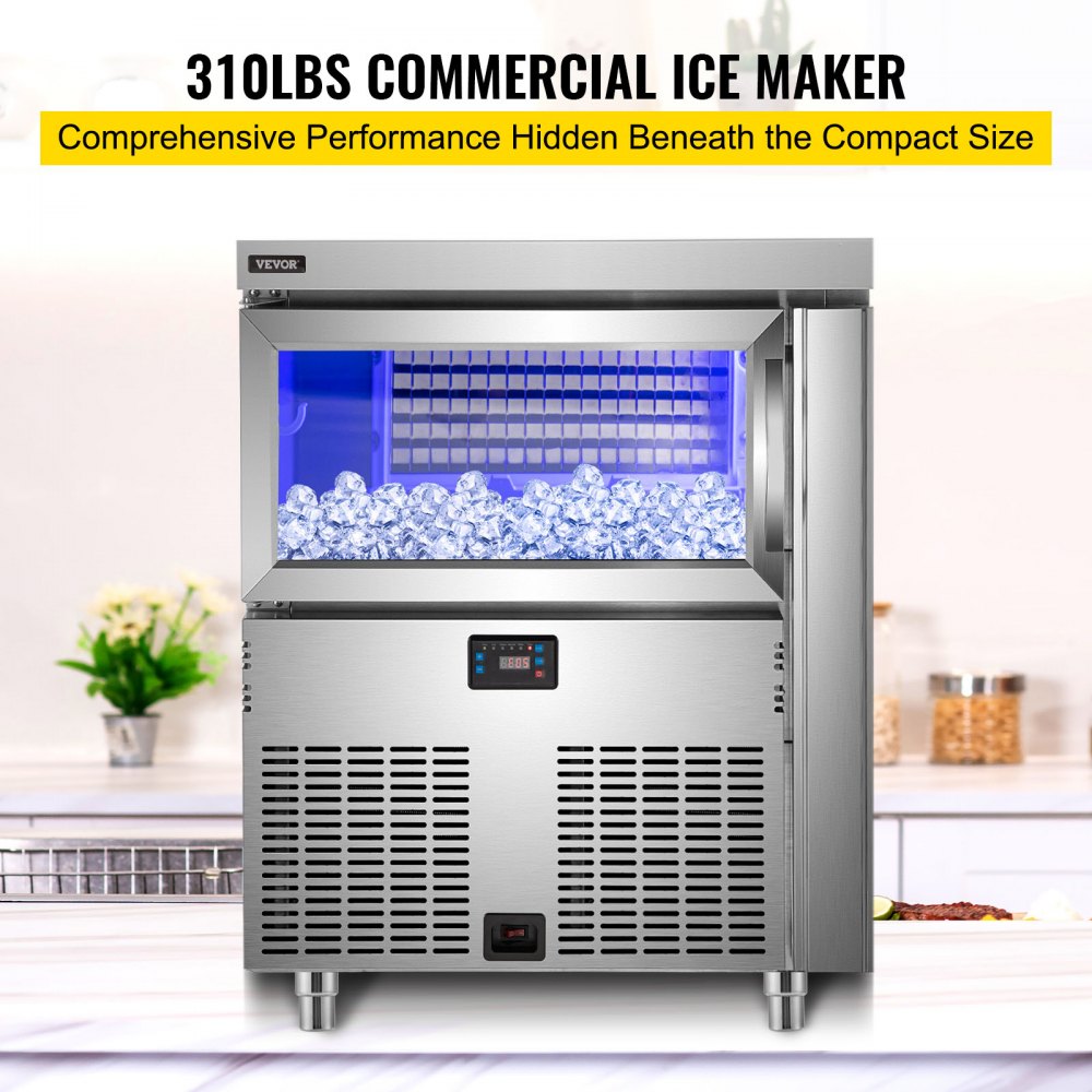 VEVOR Commercial Ice Maker, 300LB/24H Commercial Ice Machine, Stainless Steel Automatic Ice Maker w/ 100LB Storage, 108 PCs Plate, Brand Compressor, Control Panel, Blue Light, Drain Pipe, Filter Scoop