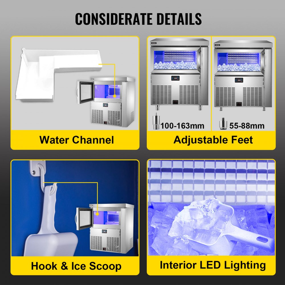 VEVOR Commercial Ice Maker, 300LB/24H Commercial Ice Machine, Stainless Steel Automatic Ice Maker w/ 100LB Storage, 108 PCs Plate, Brand Compressor, Control Panel, Blue Light, Drain Pipe, Filter Scoop