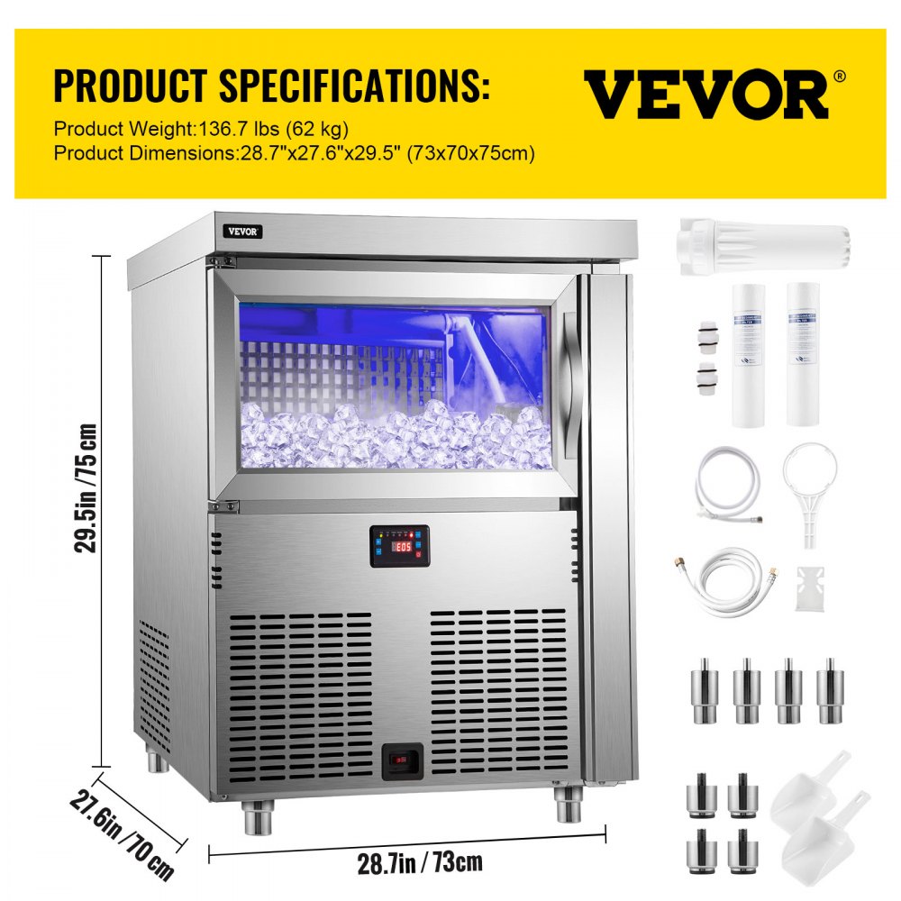 VEVOR Commercial Ice Maker, 300LB/24H Commercial Ice Machine, Stainless Steel Automatic Ice Maker w/ 100LB Storage, 108 PCs Plate, Brand Compressor, Control Panel, Blue Light, Drain Pipe, Filter Scoop