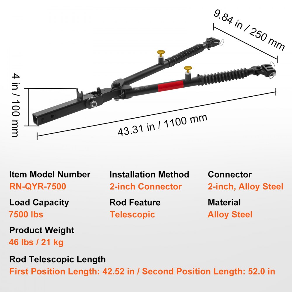 VEVOR Tow Bar, 3401 kg Towing Capacity with Ropes, Powder-Coating Alloy Steel Bumper-Mounted Universal Towing Bar with Max 1320 mm Telescopic Rod, Fits 50.8 mm Connector, for RV Car Trailer Truck
