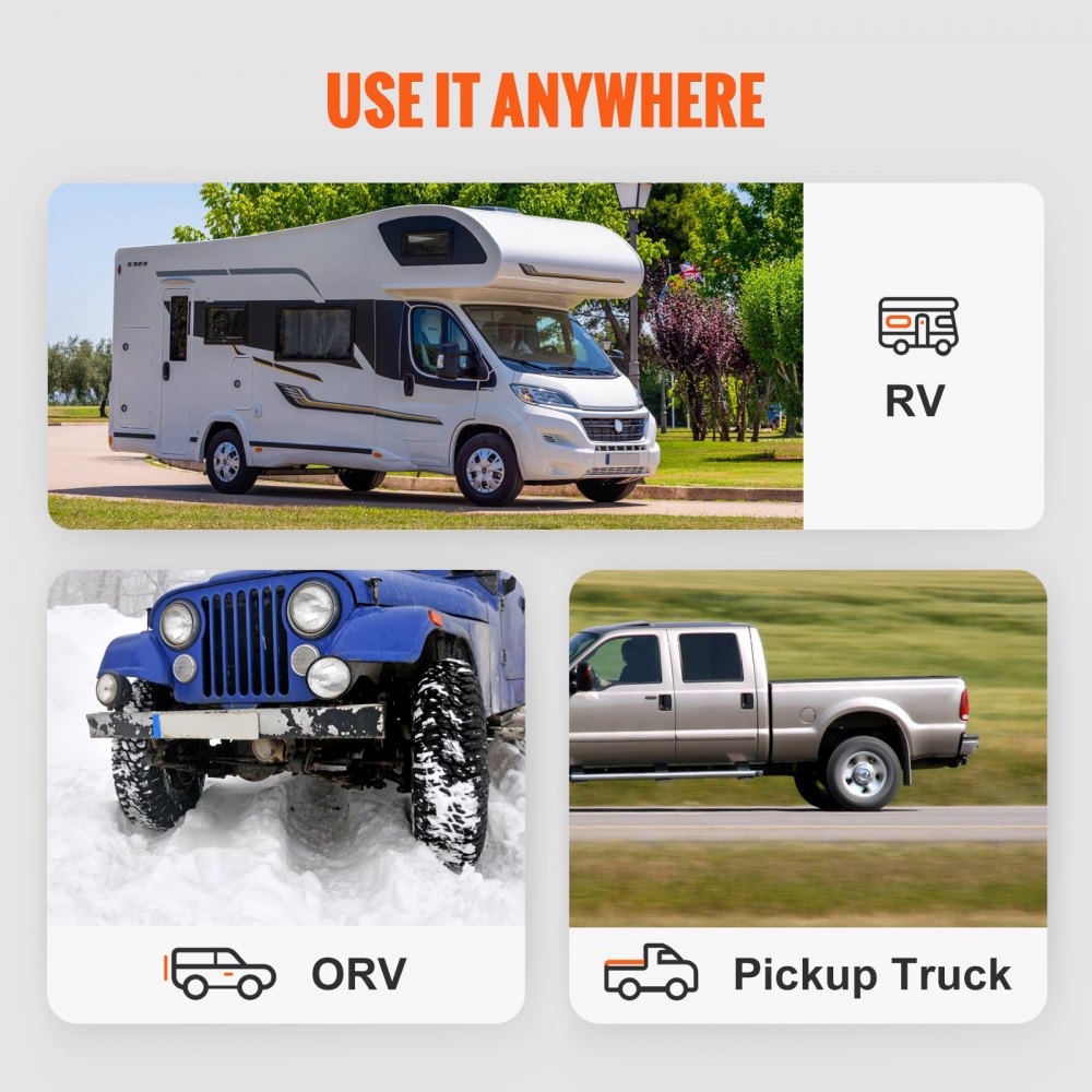 use VEVOR tow bar on rv, orv, and pickup truck; versatile towing solution for various vehicles.