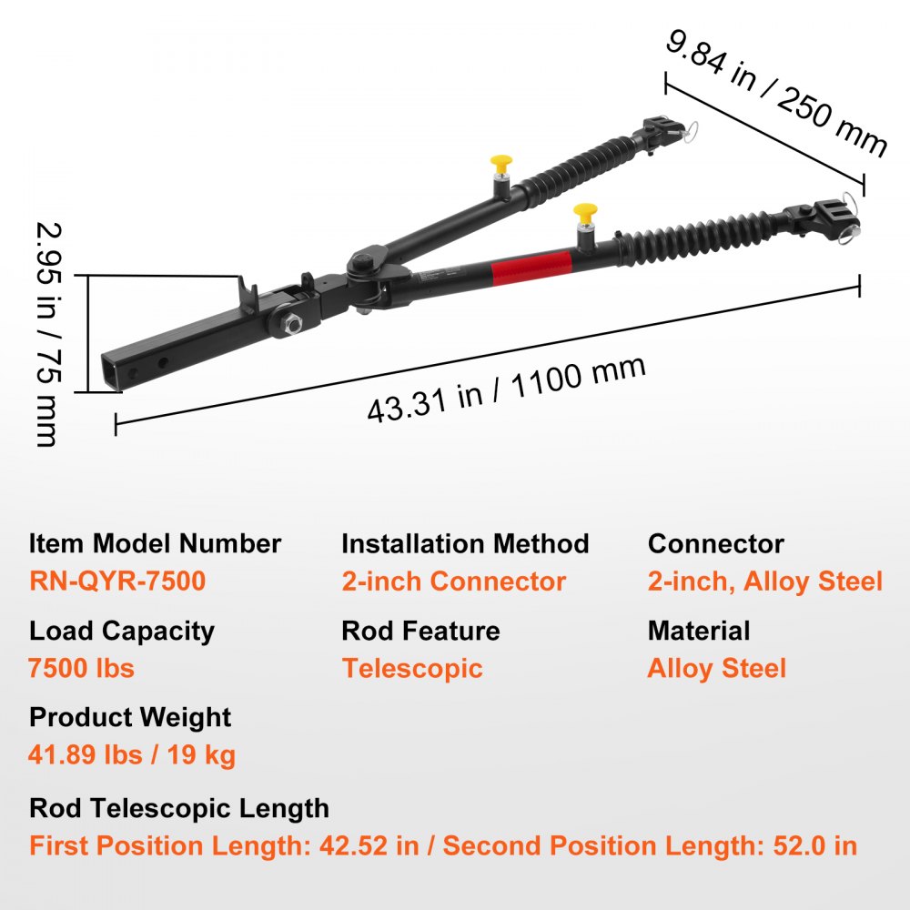 VEVOR tow bar rn-qyr-7500, 7500 lbs load capacity, 2-inch alloy steel connector, telescopic rod.