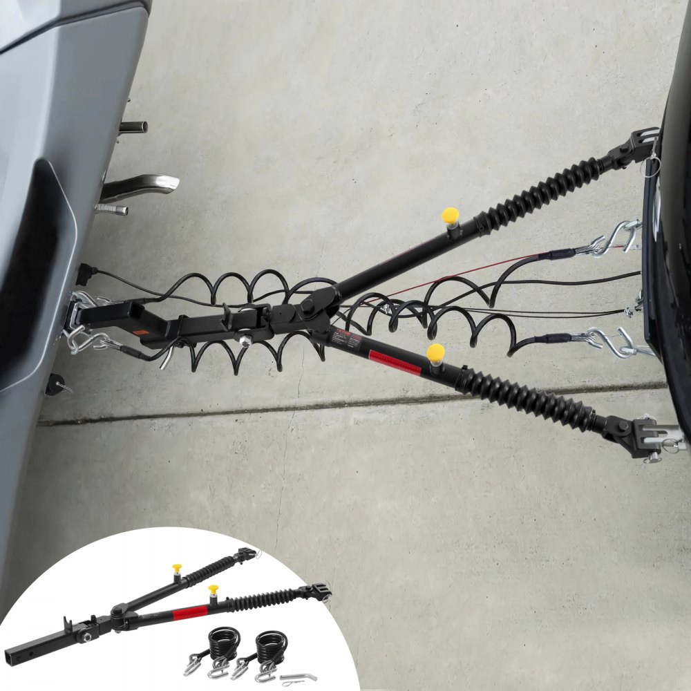 VEVOR tow bar connected to a vehicle, showcasing coiled cables and secure attachments.