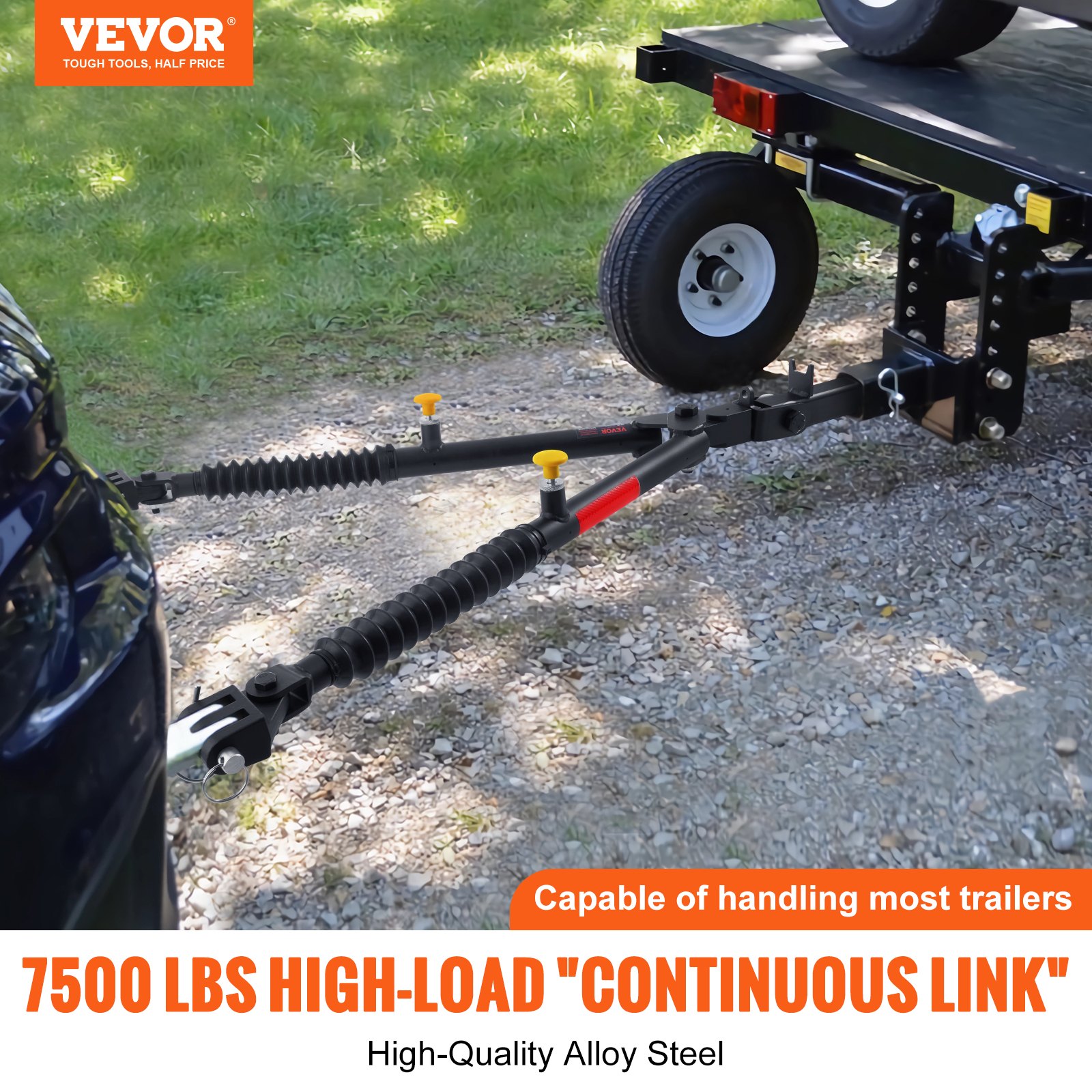 VEVOR tow bar attached to a vehicle and trailer on a gravel path, 7500 lbs high-load continuous link.