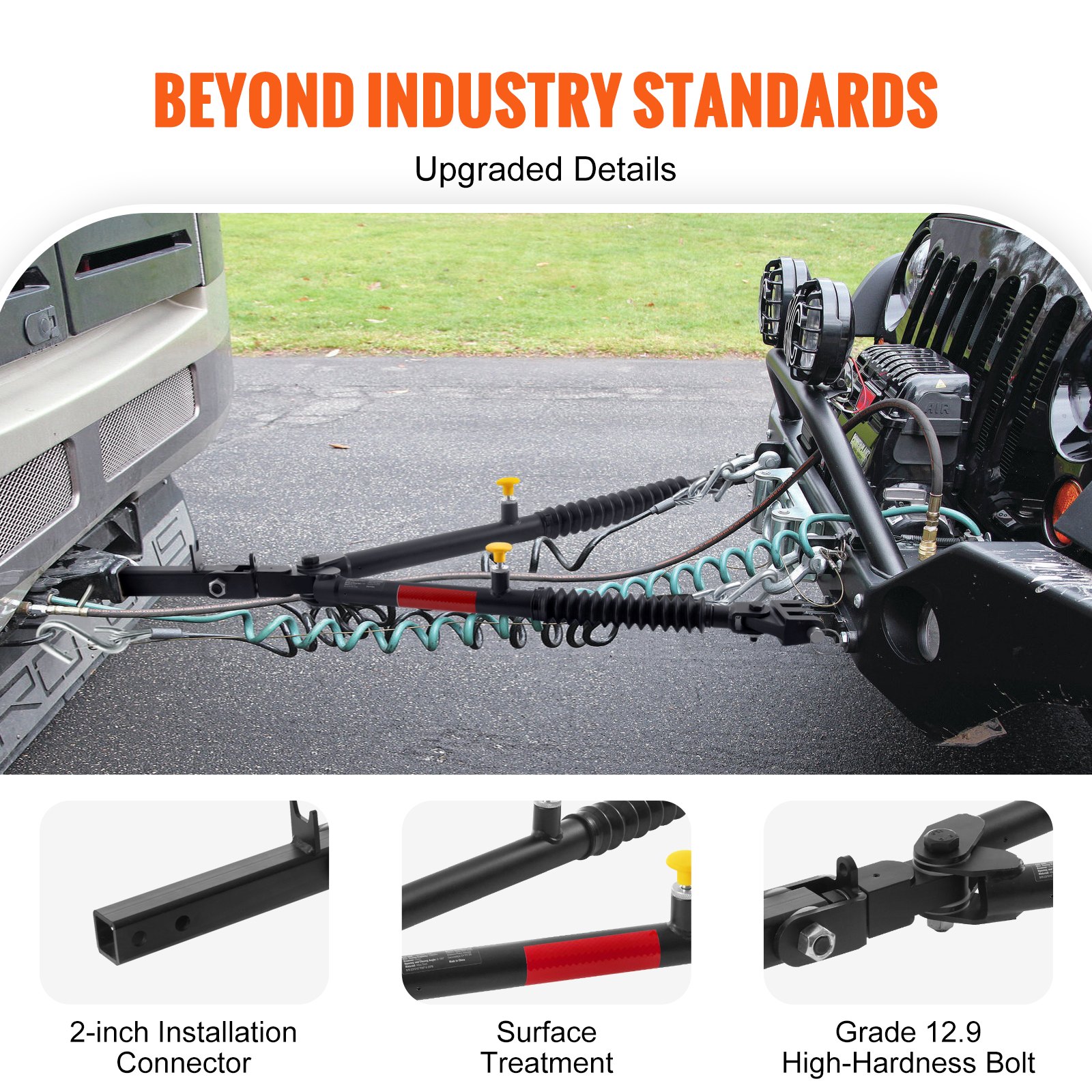 VEVOR tow bar showing 2-inch installation connector, surface treatment, and grade 12.9 high-hardness bolt.