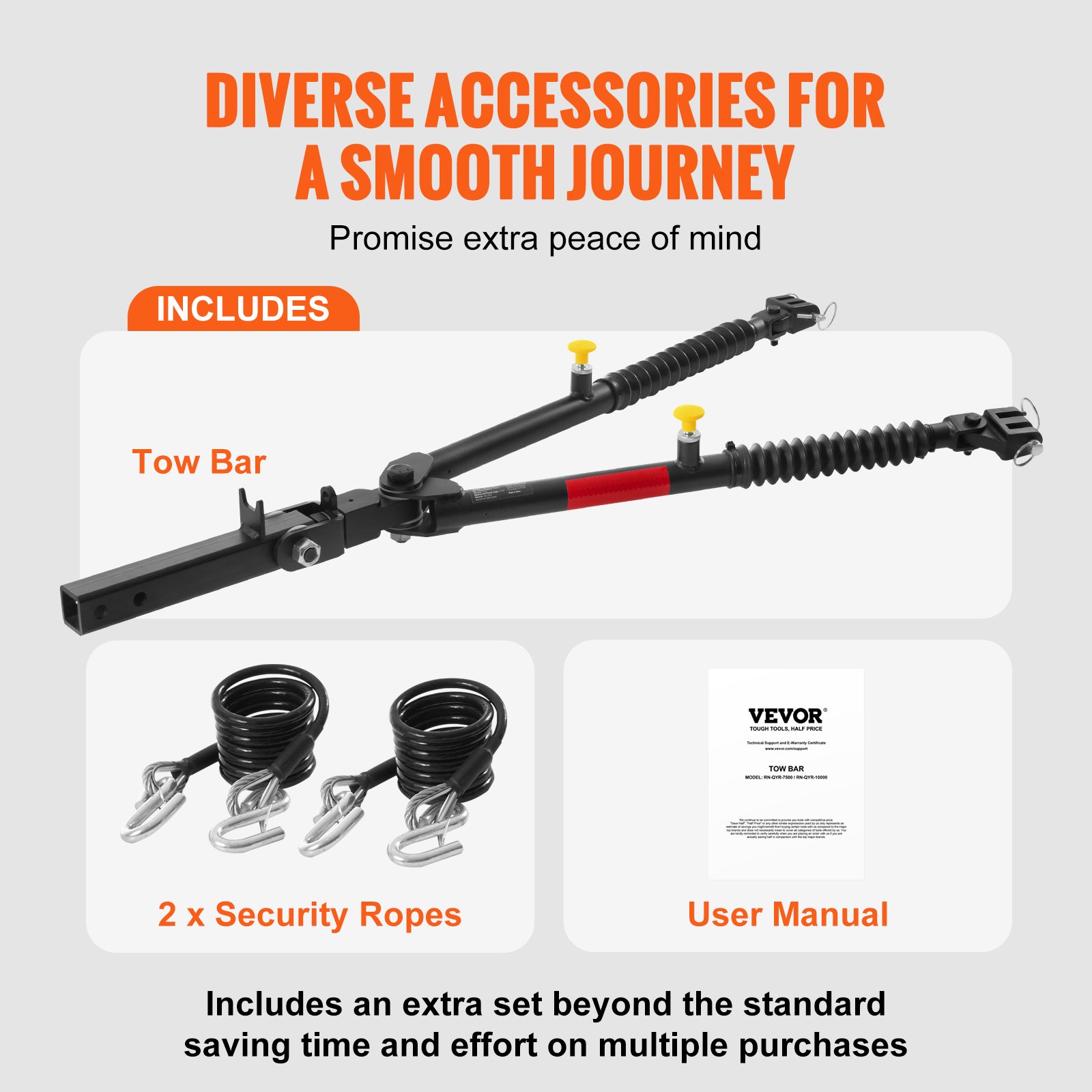 VEVOR tow bar includes 2 security ropes and user manual for a smooth journey and extra peace of mind.