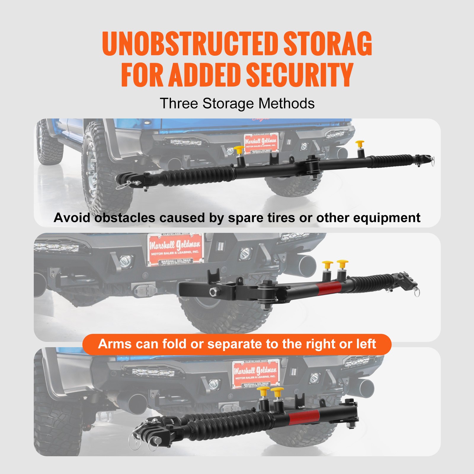 VEVOR tow bar storage options, preventing obstacles, foldable arms for security and convenience.