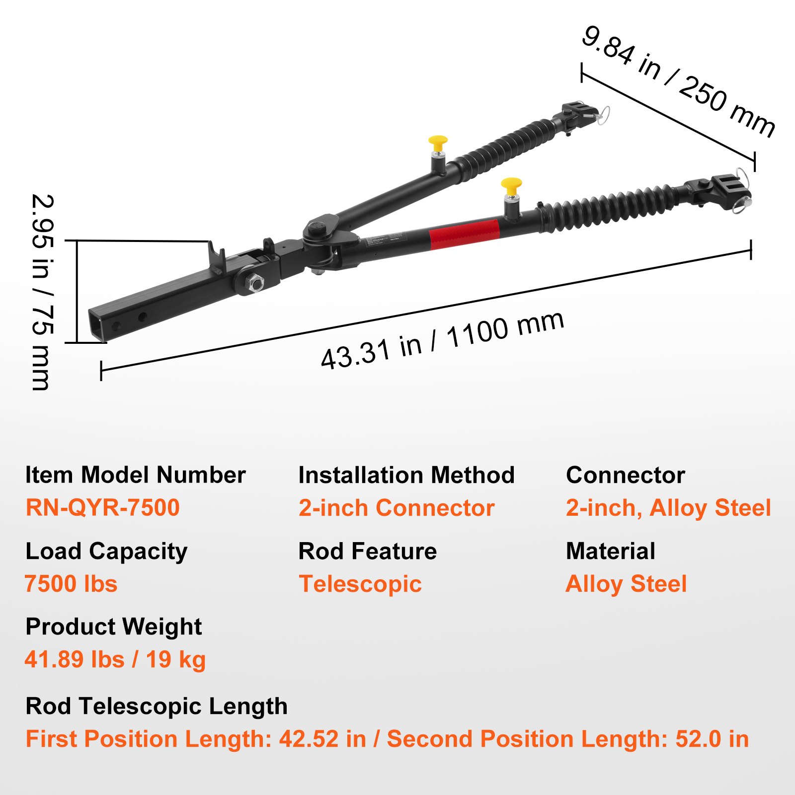 VEVOR tow bar rn-qyr-7500, 7500 lbs load capacity, 2-inch alloy steel connector, telescopic rod.