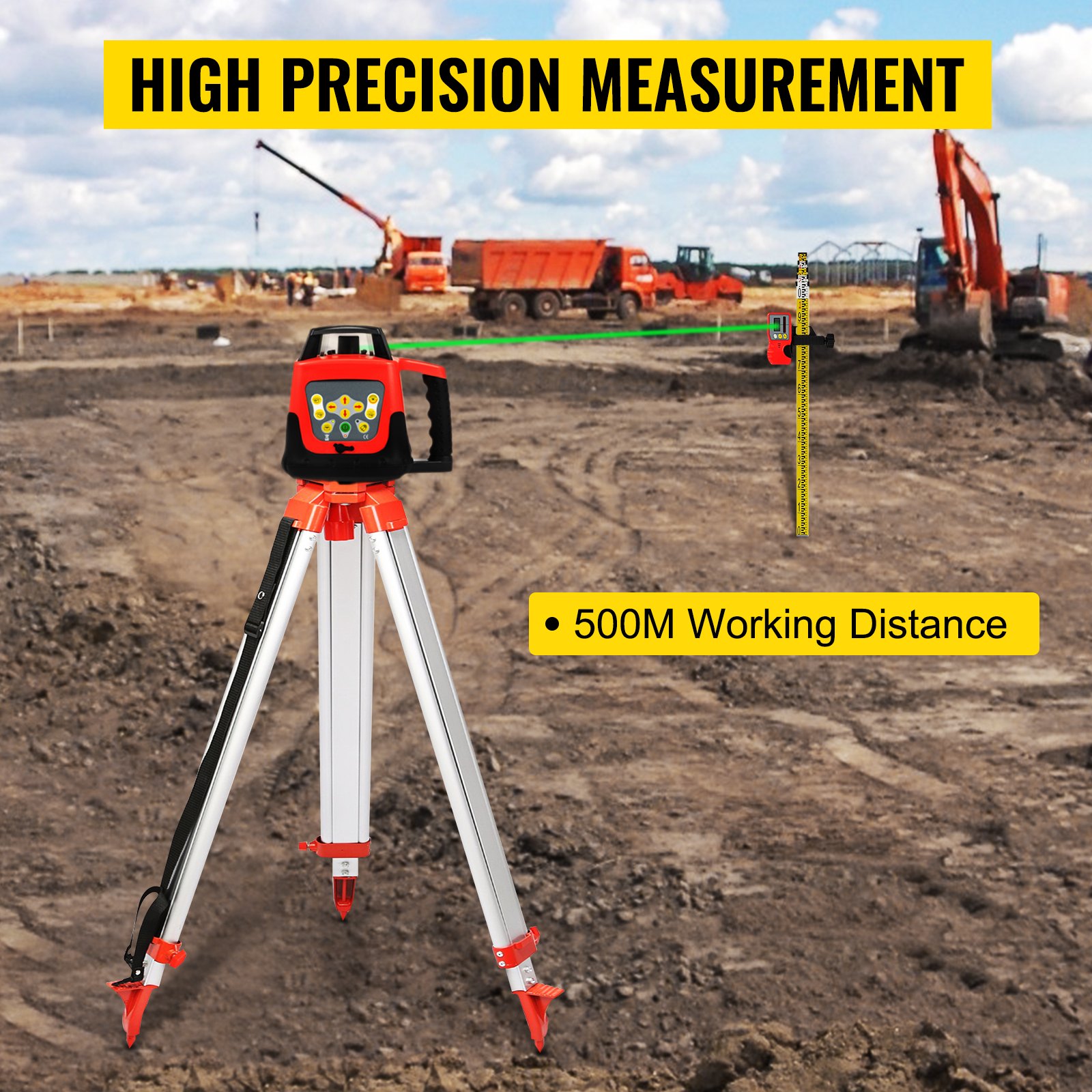 Sada VEVOR Green Rotary Laser Level Set s nastavitelným stativem a 5M tyčí, dosah 500 m, 360° rotační skenování, sada samonivelačního laserového nivelačního systému, pro stavební projekci