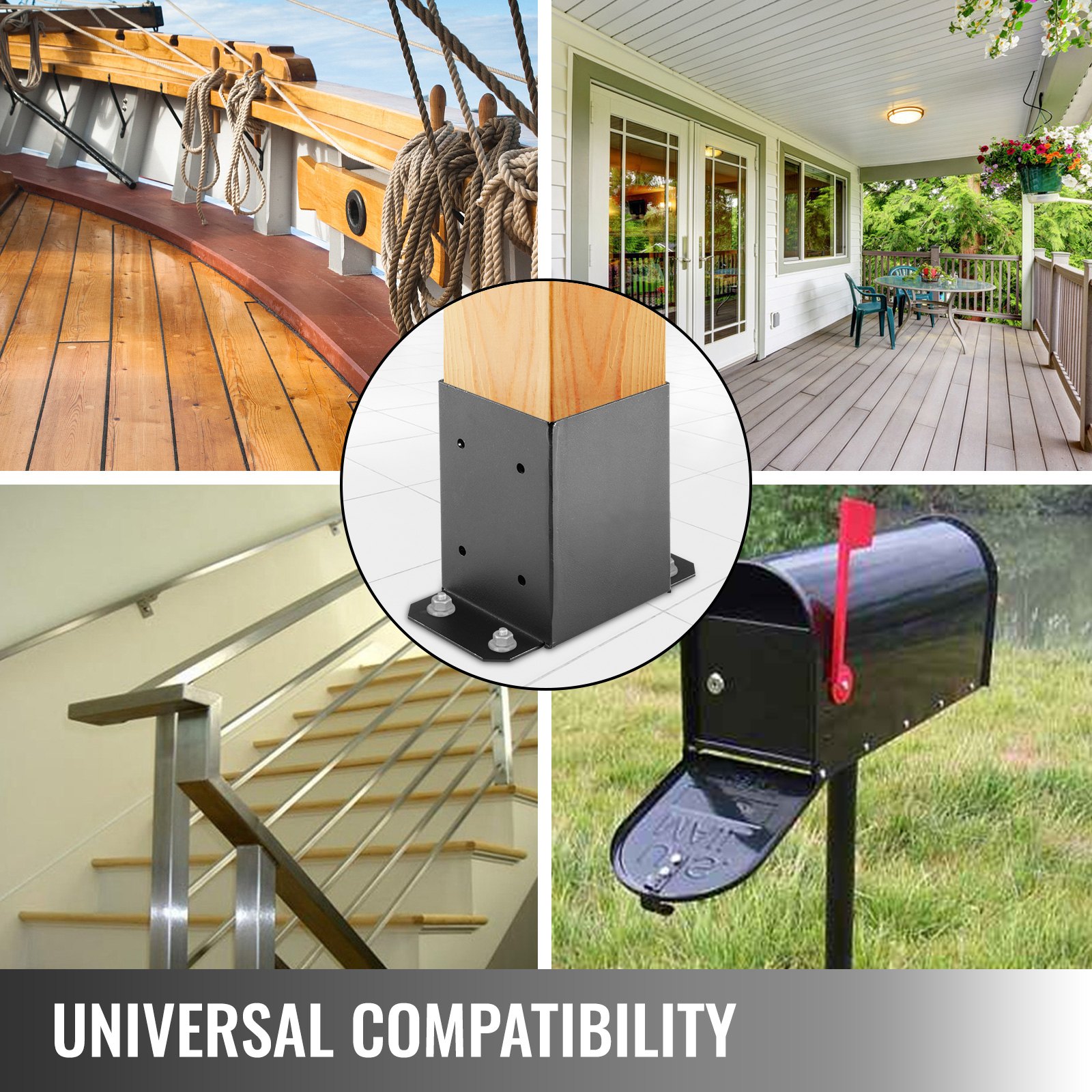VEVOR deck post base with wooden deck, porch, staircase, and mailbox applications.