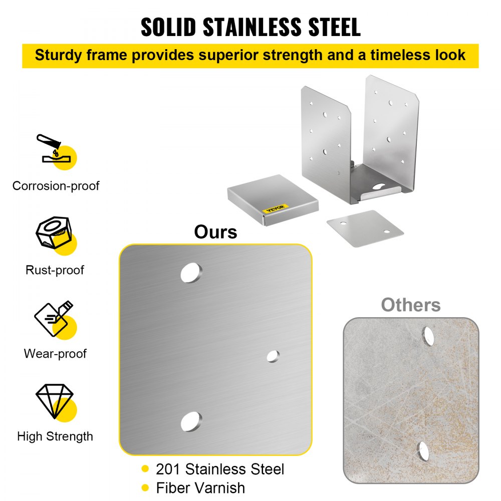 VEVOR Standoff Post Base 6 x 6"(Inner Size:5.71 x 5.2") 10 PCS Stainless Steel Adjustable Post Base Adjustable Post Anchor with Fiber Drawing Surface and Full Set of Accessories for Rough Size Lumber
