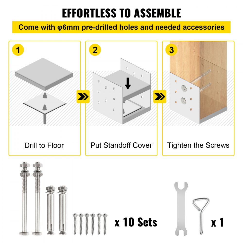 VEVOR Standoff Post Base 6 x 6"(Inner Size:5.71 x 5.2") 10 PCS Stainless Steel Adjustable Post Base Adjustable Post Anchor with Fiber Drawing Surface and Full Set of Accessories for Rough Size Lumber