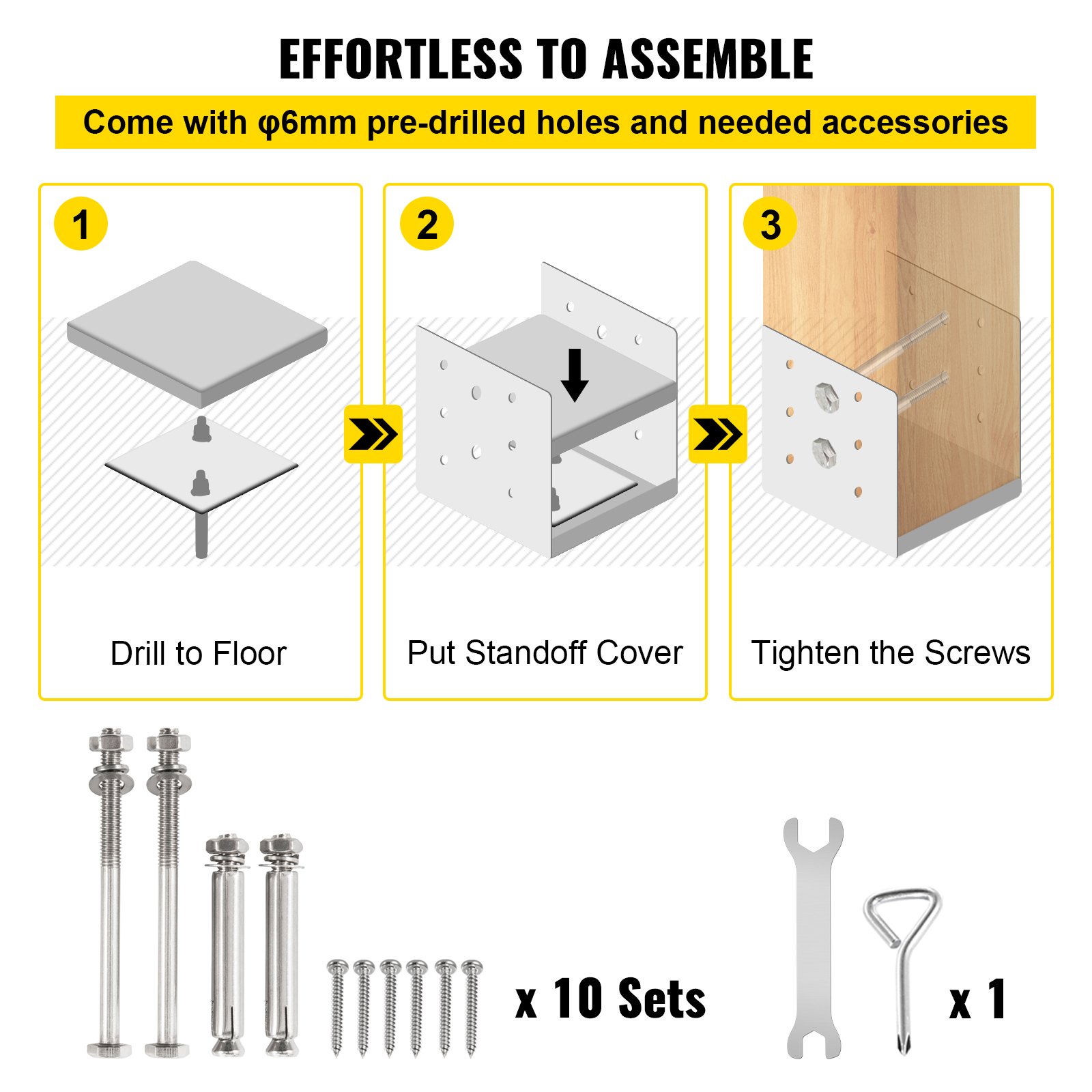 VEVOR Standoff Post Base 6 x 6"(Inner Size:5.71 x 5.2") 10 PCS Stainless Steel Adjustable Post Base Adjustable Post Anchor with Fiber Drawing Surface and Full Set of Accessories for Rough Size Lumber