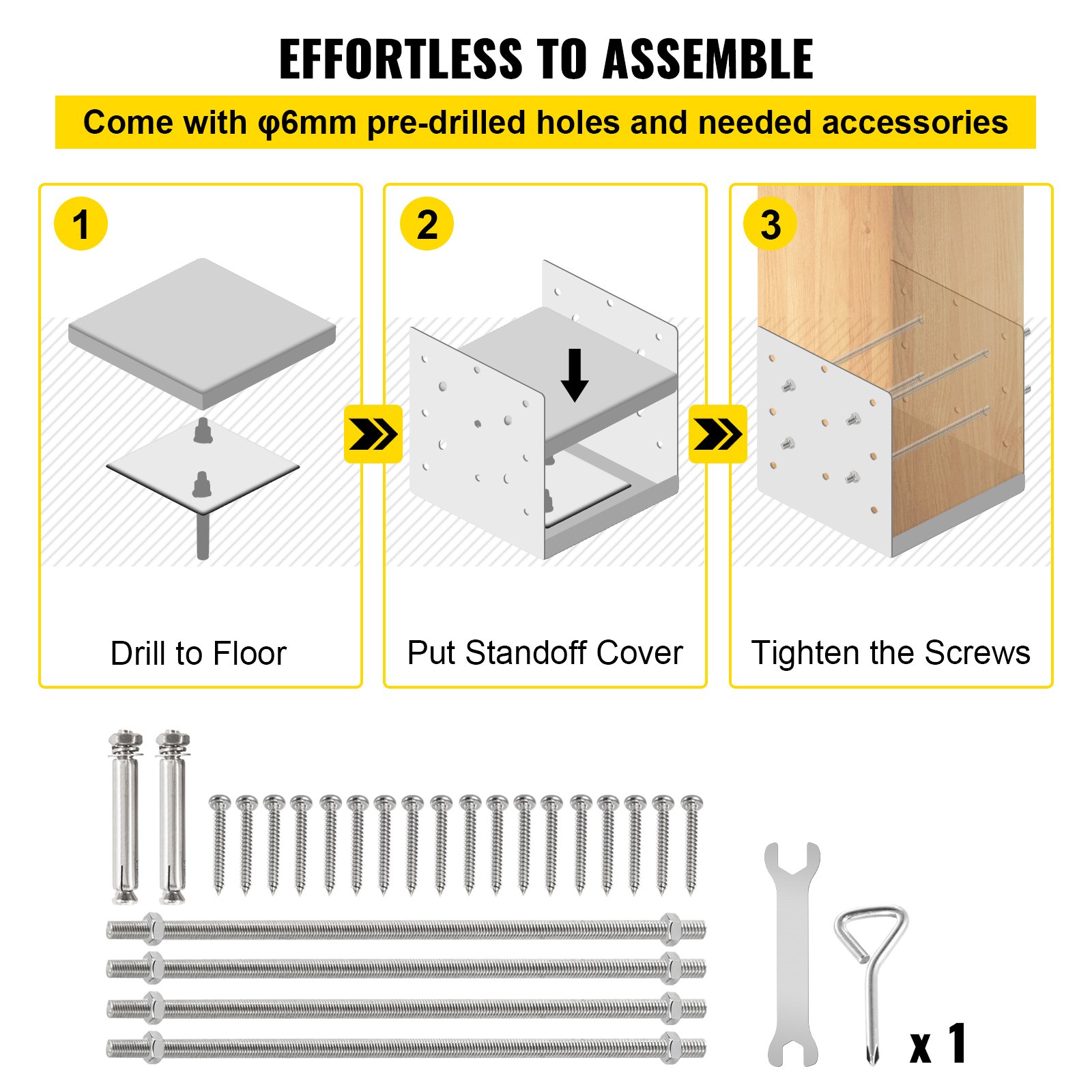 VEVOR Standoff Post Base 8x8 Inch Adjustable Post Base Post Mender Offers Moisture Protection Adjustable Post Anchor with Fibre Drawing Surface and Full Set of Accessories for Rough Size Lumber (1pc)