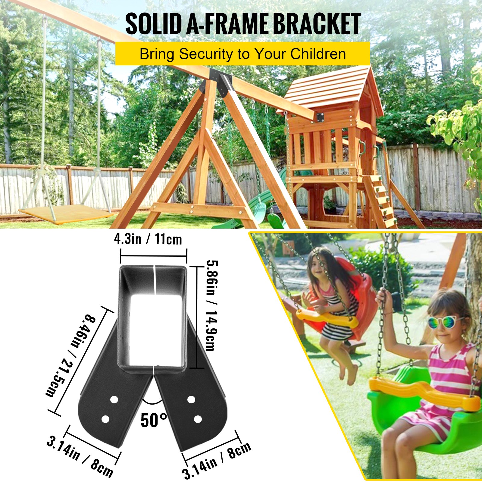 VEVOR Swing Set Bracket 9.84" Swing Bracket A-Frame Construction Swing Set Hardware Iron Material with Black Powder Coated DIY Swing Set Middle Bracket Swing Set Kit for 2 (4x4) Legs & 1 (4x6) Beam