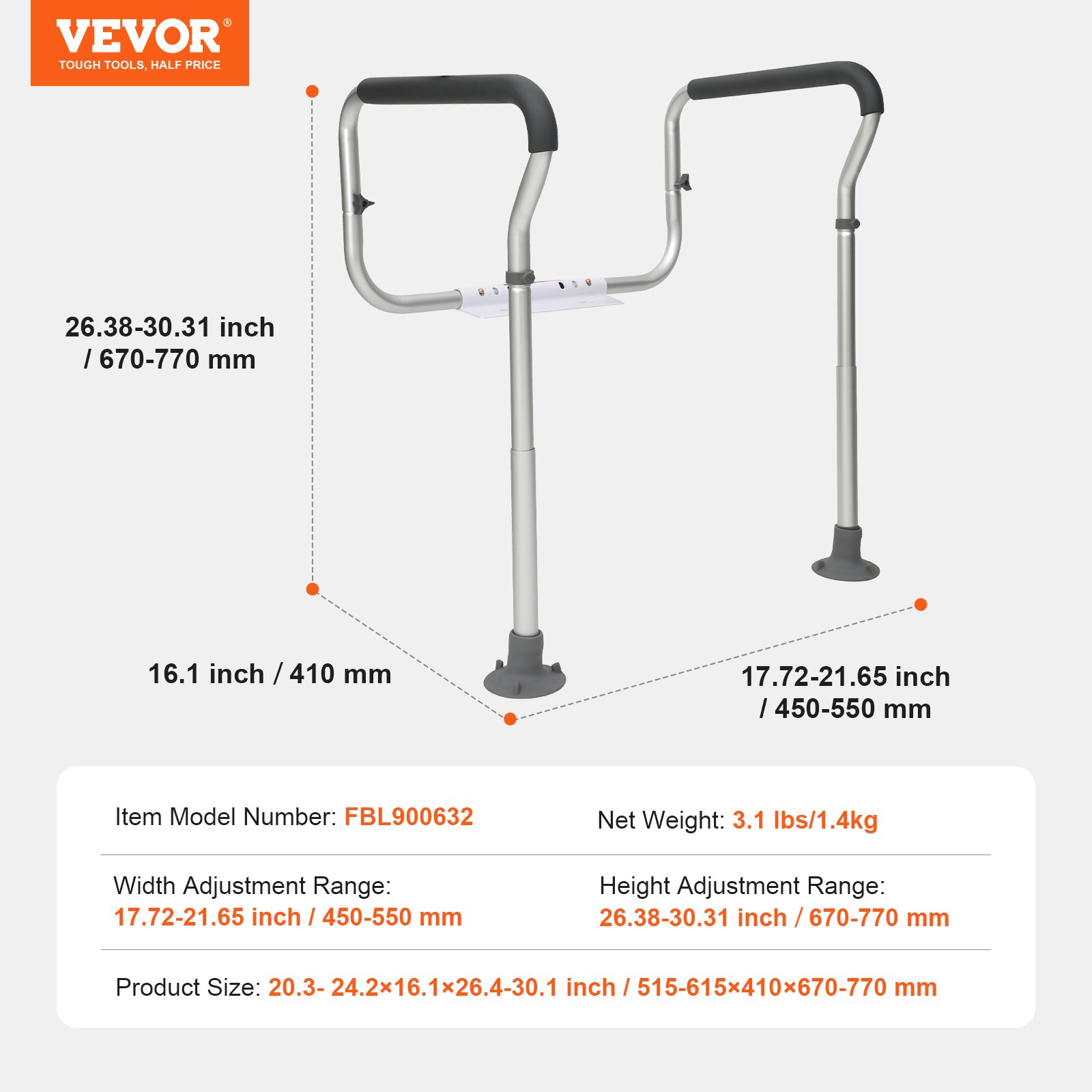 VEVOR Toilet Safety Rail, Bathroom Toilet Seat Frame, Adjustable Width & Height Fit Most Toilets, Supports 300lbs, Toilet Handles Grab Bars with Padded Armrests for Handicap, Disabled, Seniors