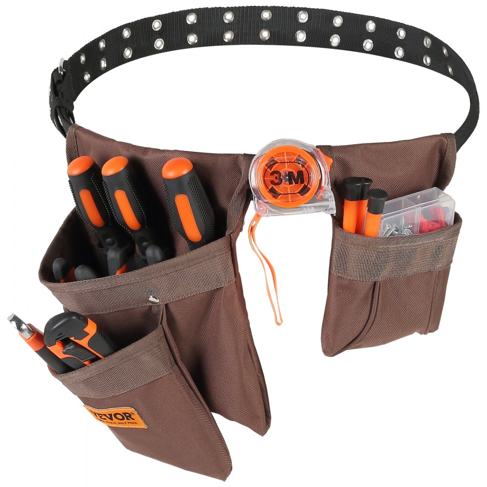 VEVOR tool belt with multiple pockets, holding screwdrivers, tape measure, and other tools.