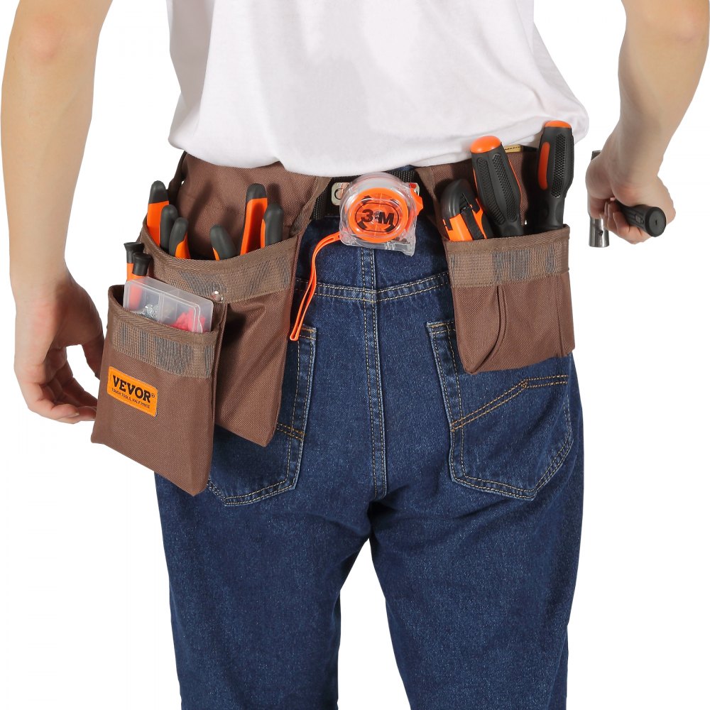 VEVOR Tool Belt, 13 Pockets, Adjusts from 29 Inches to 54 Inches, Polyester Heavy Duty Tool Pouch Bag, Detachable Tool Bag for Electrician, Carpenter, Handyman, Woodworker, Construction, Framer, Brown