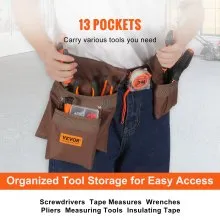 VEVOR Tool Belt, Adjusts from 29 Inches to 54 Inches, Polyester Heavy Duty Tool Pouch Bag, Detachable Tool Bag for Electrician, Carpenter, Handyman, Woodworker, Construction, Framer, Brown