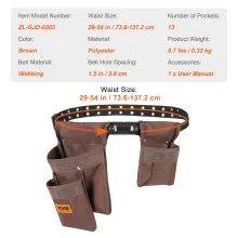 VEVOR Tool Belt, Adjusts from 29 Inches to 54 Inches, Polyester Heavy Duty Tool Pouch Bag, Detachable Tool Bag for Electrician, Carpenter, Handyman, Woodworker, Construction, Framer, Brown