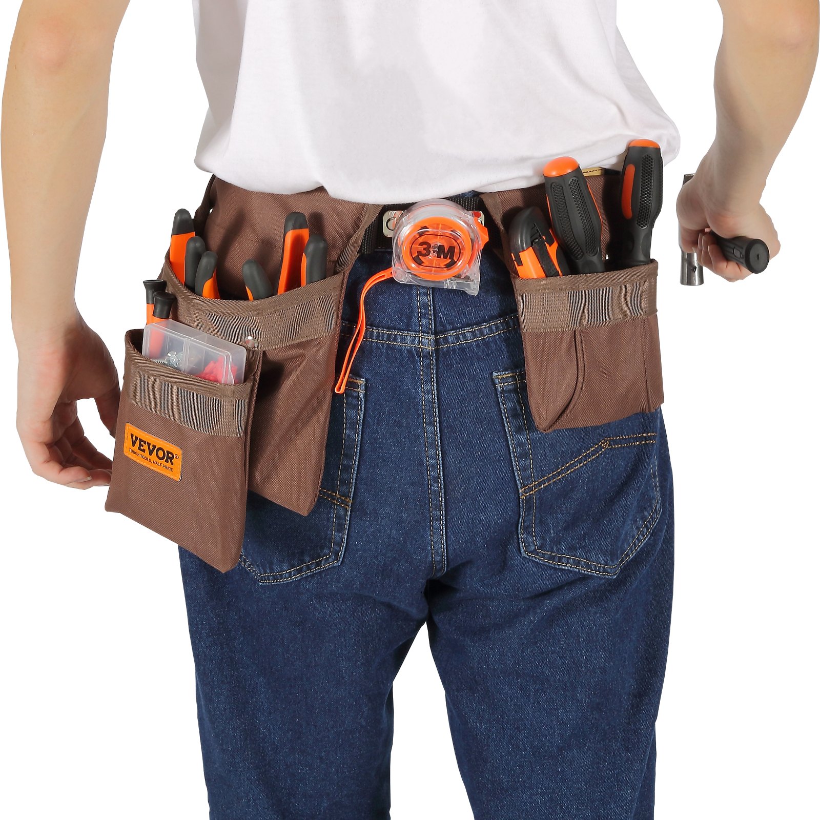VEVOR Tool Belt, 13 Pockets, Adjusts from 29 Inches to 54 Inches, Polyester Heavy Duty Tool Pouch Bag, Detachable Tool Bag for Electrician, Carpenter, Handyman, Woodworker, Construction, Framer, Brown