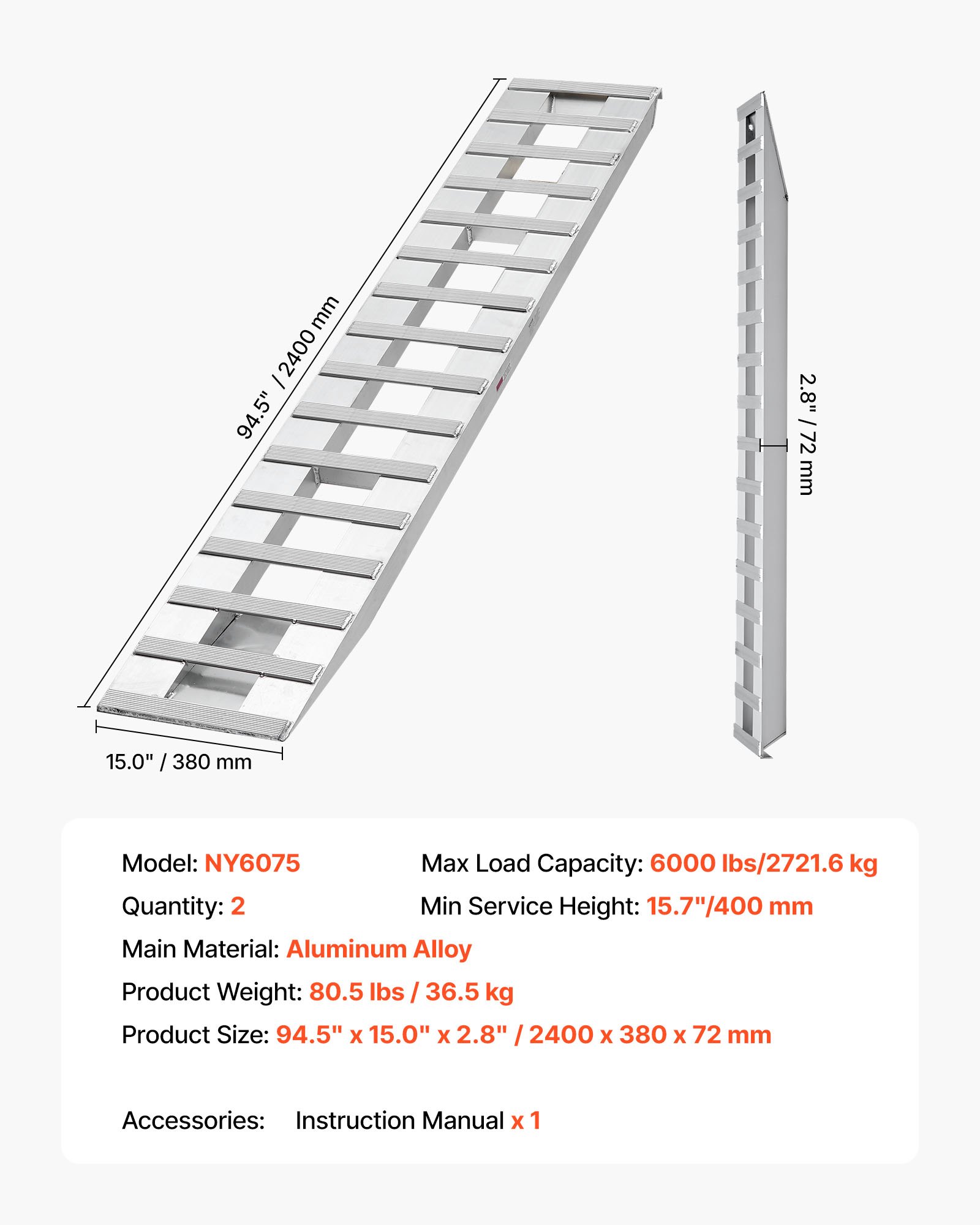 VEVOR Loading Ramps, 2 Pcs 2400 x 380 mm, Durable Aluminum and Heavy-Duty Trailer Ramp Set with Anti-Slip Plates, 2721.6 kg Combined Capacity, for Carts, Farm Tractors, ATVs, Lawn Mowers, Motorcycles