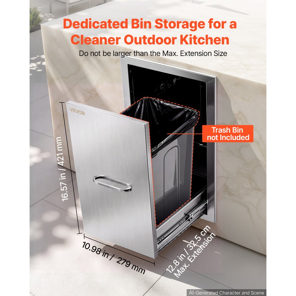 VEVOR Outdoor Kitchen Trash Drawer, 67.3 x 47 x 34.3 cm (WxHxD), No Bin, for BBQ Island Storage, Patio Bars and Grill Station, with Handle, Built-In BBQ Island Drawers Organize Cookware Accessories