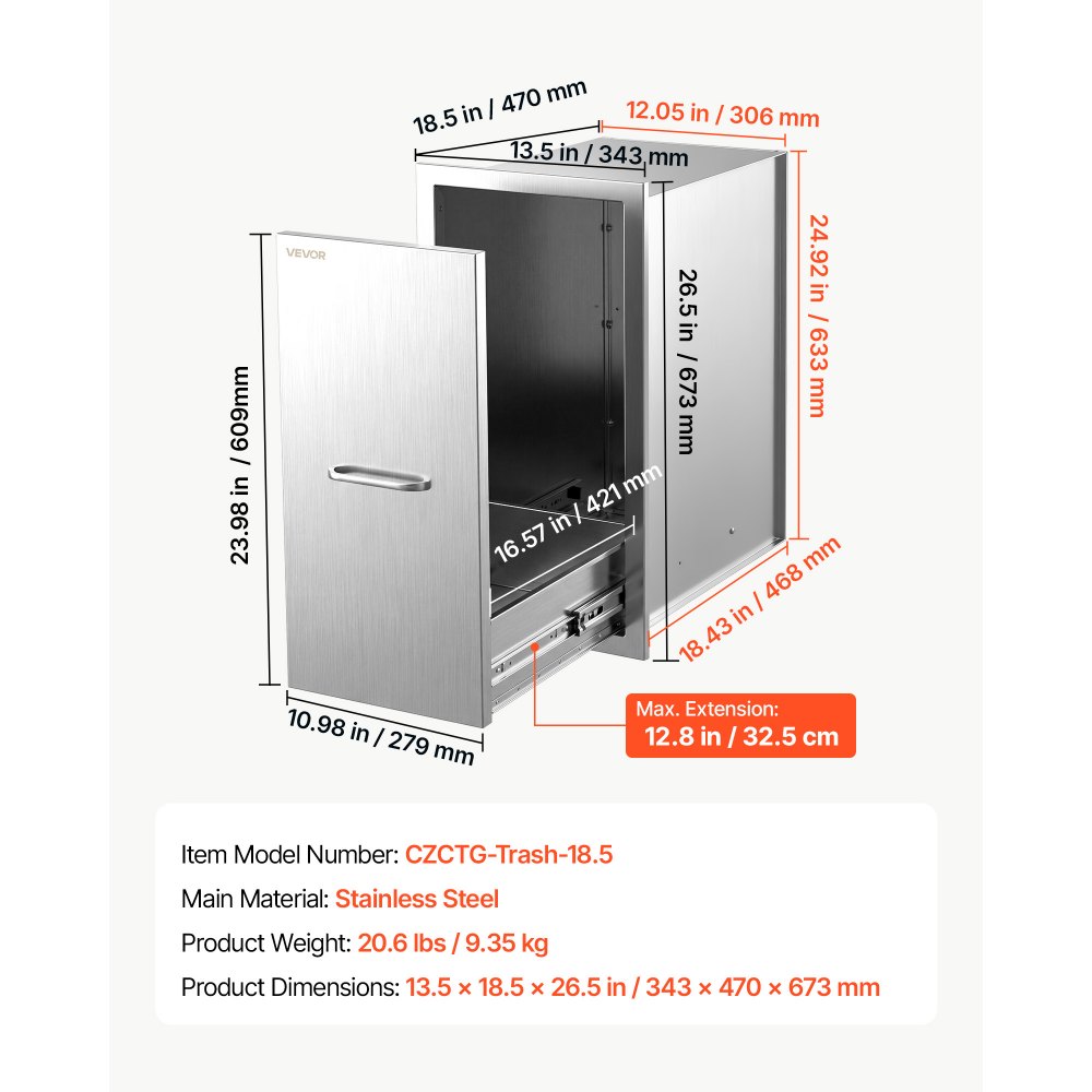VEVOR Outdoor Kitchen Trash Drawer, 67.3 x 47 x 34.3 cm (WxHxD), No Bin, for BBQ Island Storage, Patio Bars and Grill Station, with Handle, Built-In BBQ Island Drawers Organize Cookware Accessories