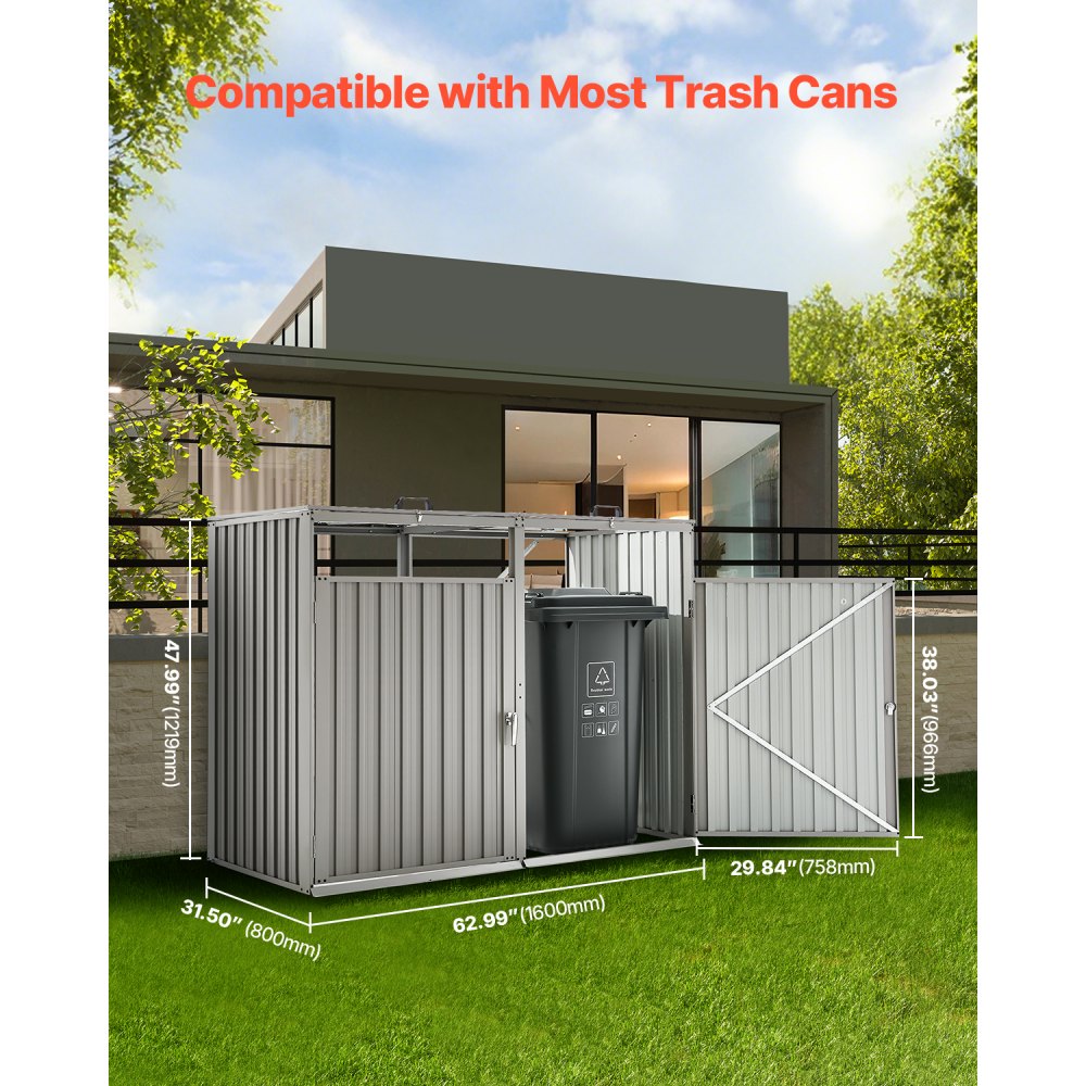 VEVOR Trash Can Storage, 2 x 52.79 Gal Trash Bin Storage Shed Outdoor, Galvanized Steel Horizontal Storage Cabinet Waterproof, Lockable Garbage Can Storage Shed, for Garden, Backyard and Patio Use