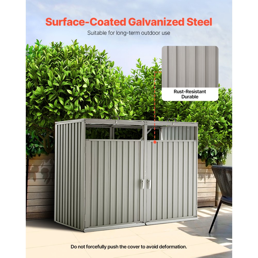 VEVOR Trash Can Storage, 2 x 52.79 Gal Trash Bin Storage Shed Outdoor, Galvanized Steel Horizontal Storage Cabinet Waterproof, Lockable Garbage Can Storage Shed, for Garden, Backyard and Patio Use