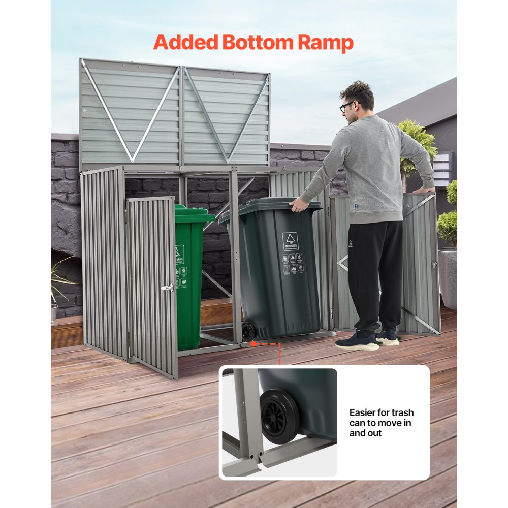 VEVOR Trash Can Storage, 2 x 52.79 Gal Trash Bin Storage Shed Outdoor, Galvanized Steel Horizontal Storage Cabinet Waterproof, Lockable Garbage Can Storage Shed, for Garden, Backyard and Patio Use