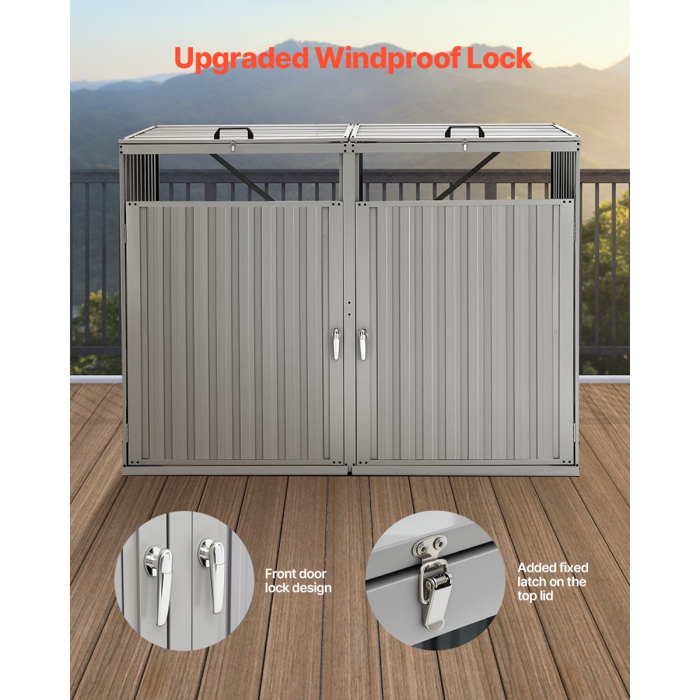 VEVOR Trash Can Storage, 2 x 52.79 Gal Trash Bin Storage Shed Outdoor, Galvanized Steel Horizontal Storage Cabinet Waterproof, Lockable Garbage Can Storage Shed, for Garden, Backyard and Patio Use