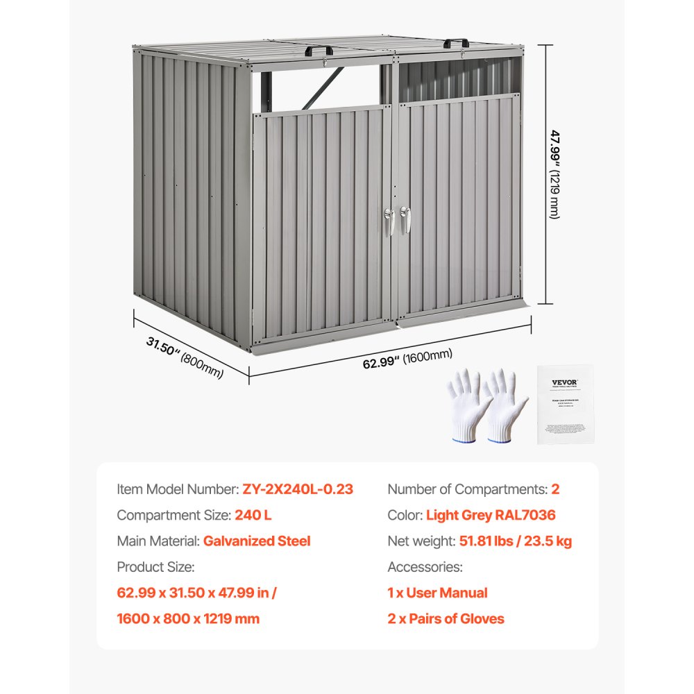 VEVOR Trash Can Storage, 2 x 52.79 Gal Trash Bin Storage Shed Outdoor, Galvanized Steel Horizontal Storage Cabinet Waterproof, Lockable Garbage Can Storage Shed, for Garden, Backyard and Patio Use